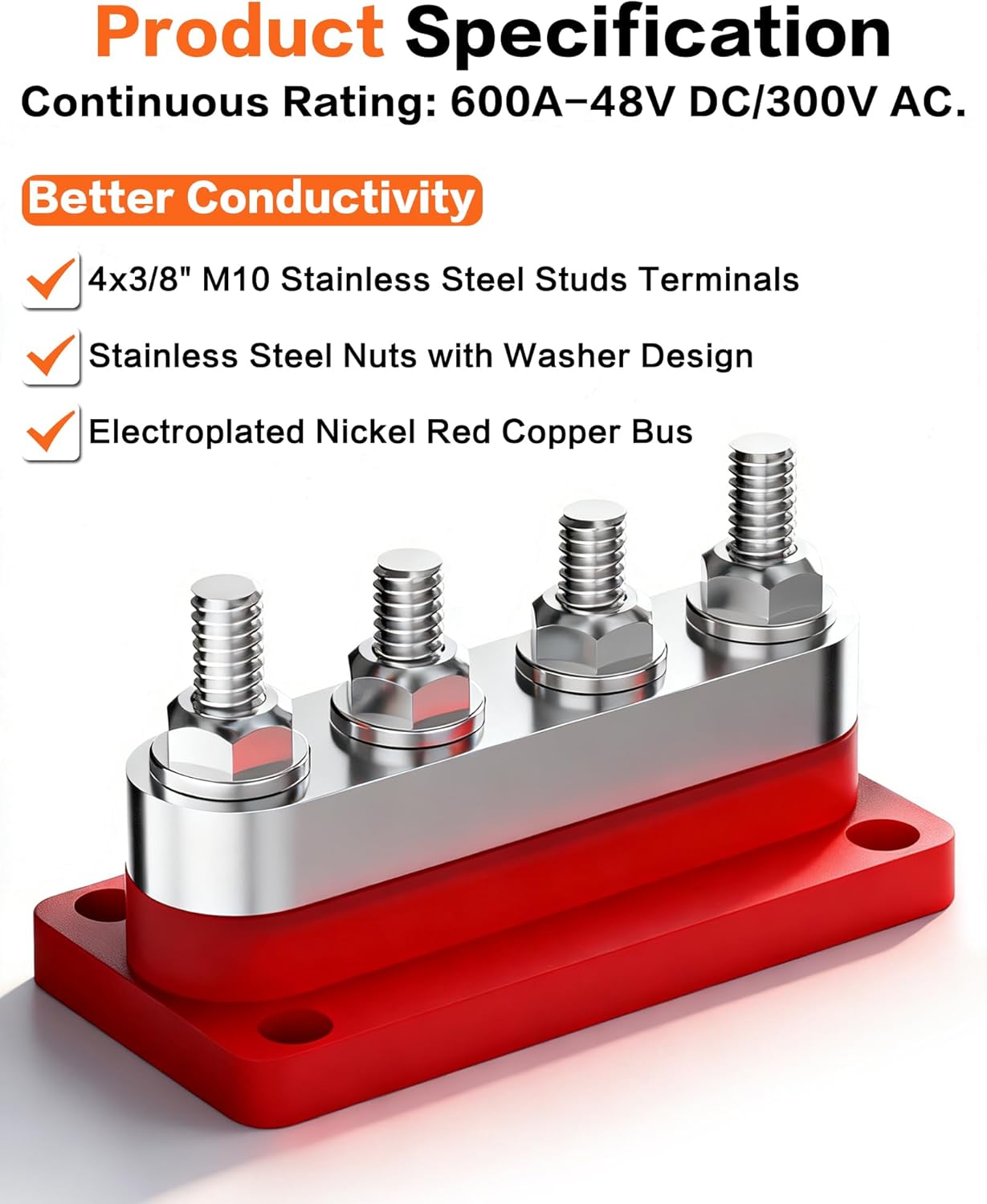IZTOSS 2Pcs 600 A Bus Bar 3/8" Heavy Duty High Current Power Distribution Block 48 V 4X M10 Module Design Terminal Studs Battery Junction Block for Battery Marine RV Truck