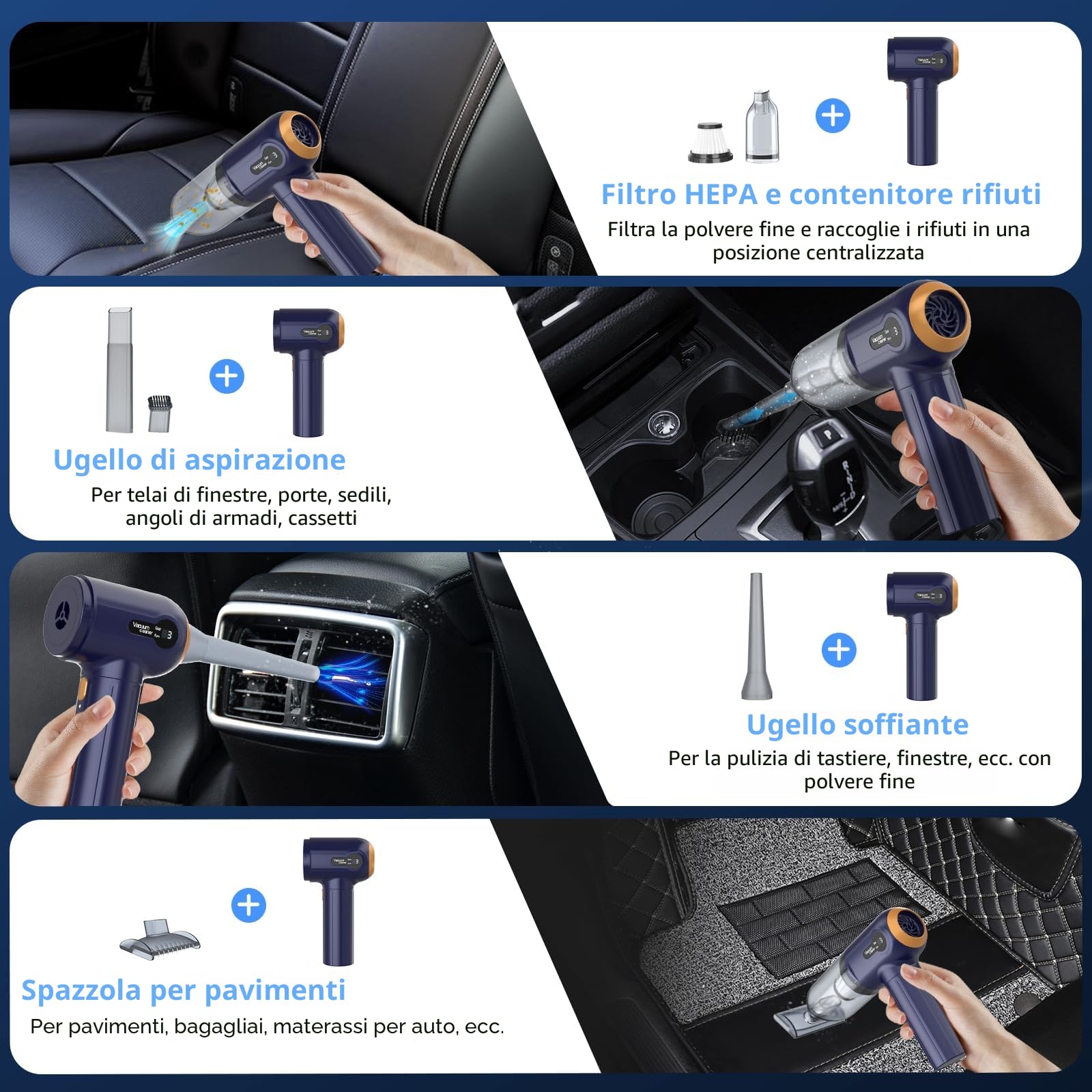 Tiazhan Aspirapolvere manuale, 15000 Pa, potente aspirapolvere a mano, 4 in 1, leggero soffiatore di polvere e aspirapolvere, display a LED, mini aspirapolvere ricaricabile USB, per auto (Blu)