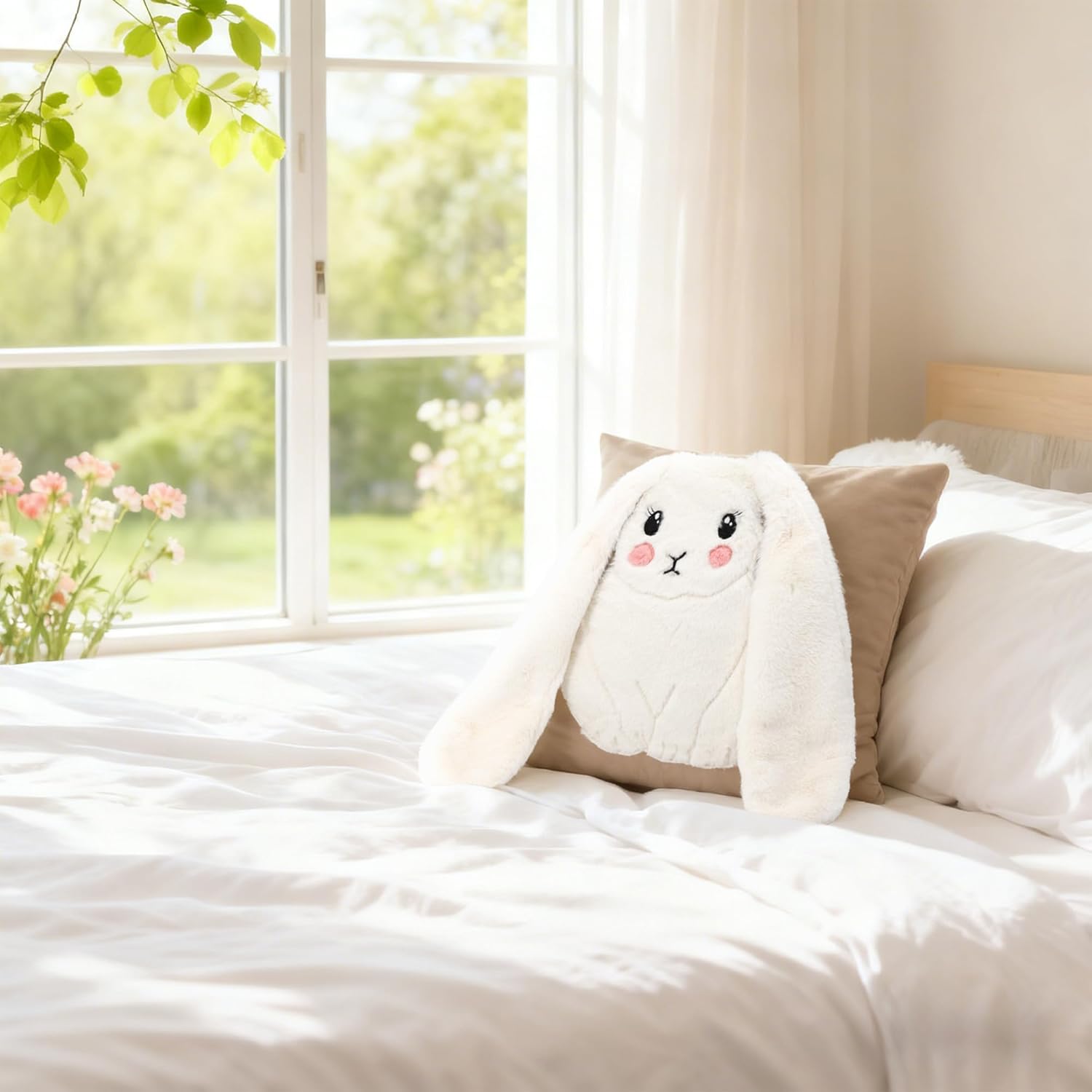 JWH Easter Rabbit Throw Pillow Cover Decorative Faux Fur Bunny Pillow Case Velvet Pillowcase Animal Cushion for Bed Living Room Couch Chair 18x18 Inches Beige White