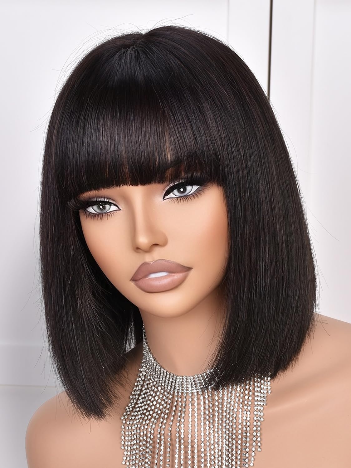 CoCrowns Bob Wig Human Hair 210% Density Bob Wig with Bangs 100% Human Hair Wigs for Black Women Pre-Bleached Glueless Straight Bob Wigs (Black)