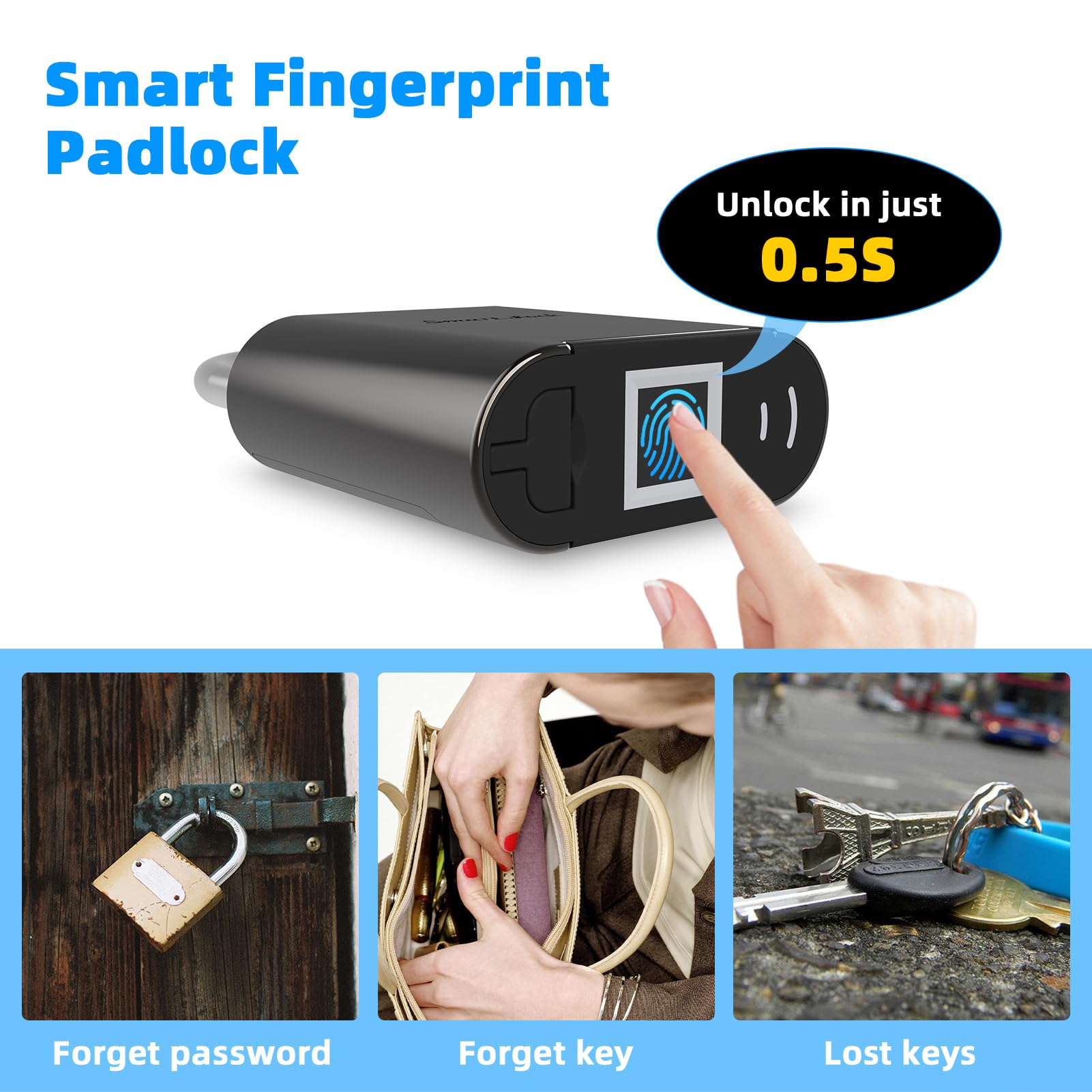 Candado con huella digital, biométrico padlock, candado inteligente con llave de emergencia, candado impermeable para taquillas de gimnasios, escuelas, piscinas y campos deportivos