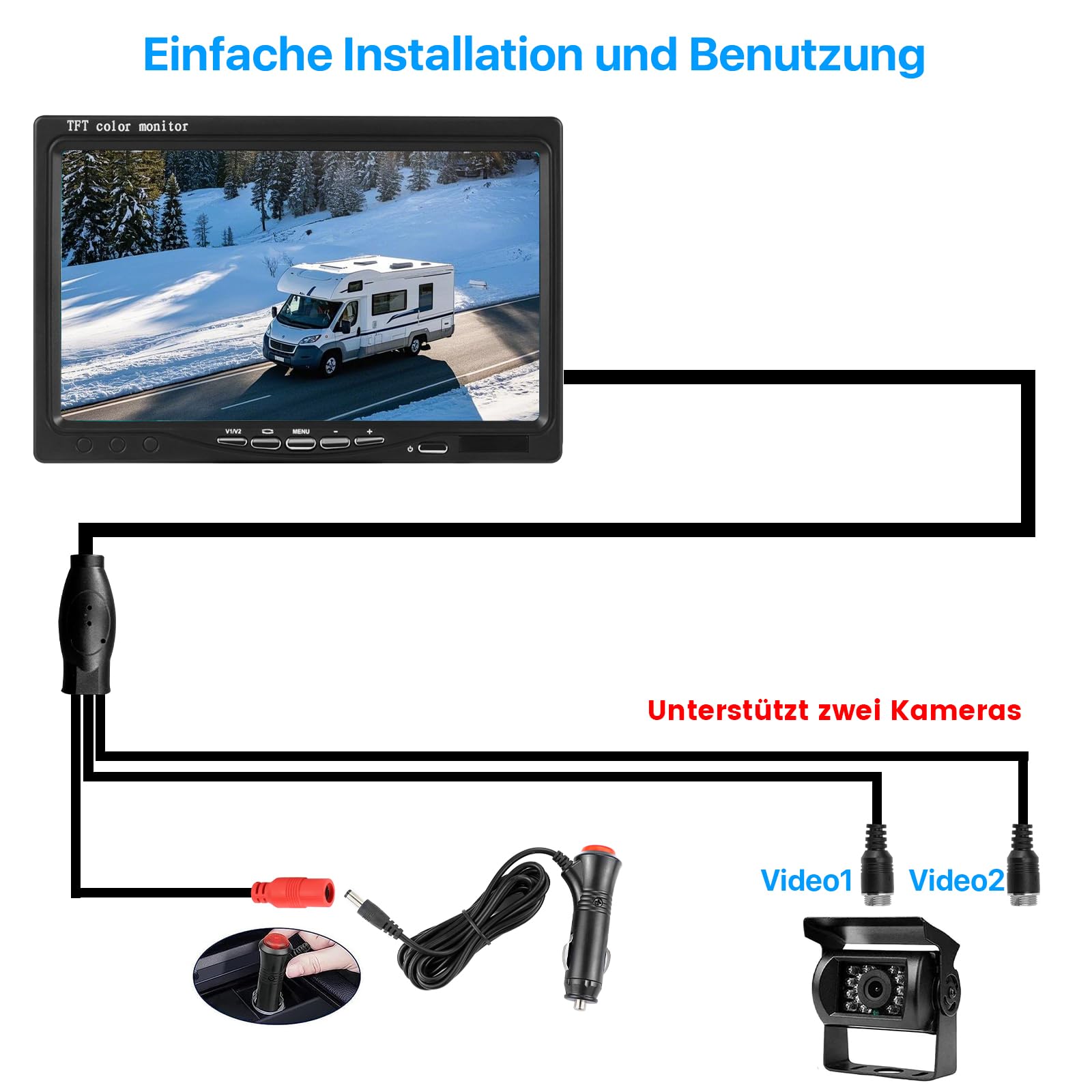 7 "1080P HD, visione notturna a infrarossi, IP69K, antipolvere, impermeabile, cavo da 15 m, supporta doppi canali, aiuto per parcheggio per camion/roulotte rimorchi