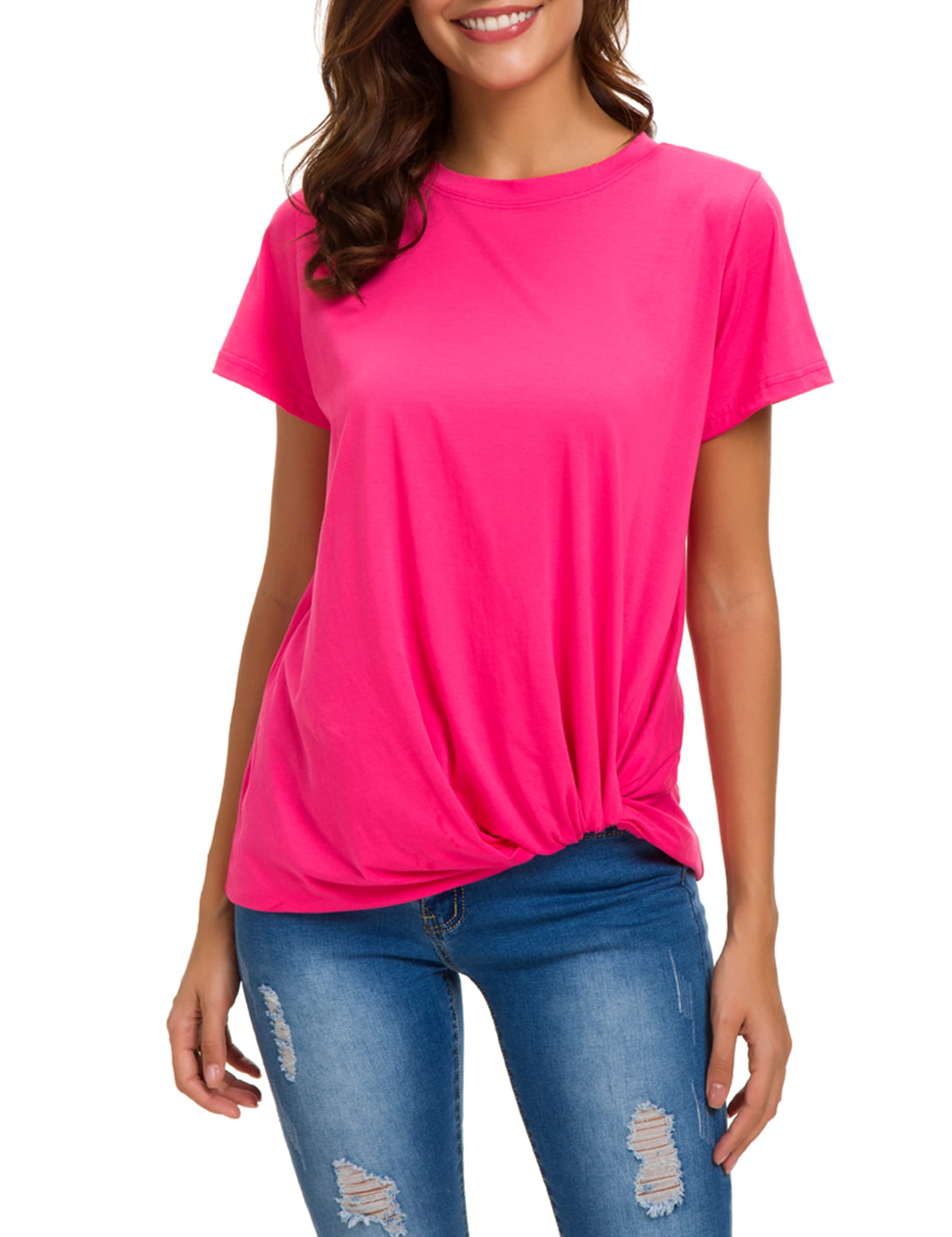 MSHING Women's Casual Round Neck Short Sleeve Tie Up T-Shirt Blouse Comfortable Cotton Basic Tops