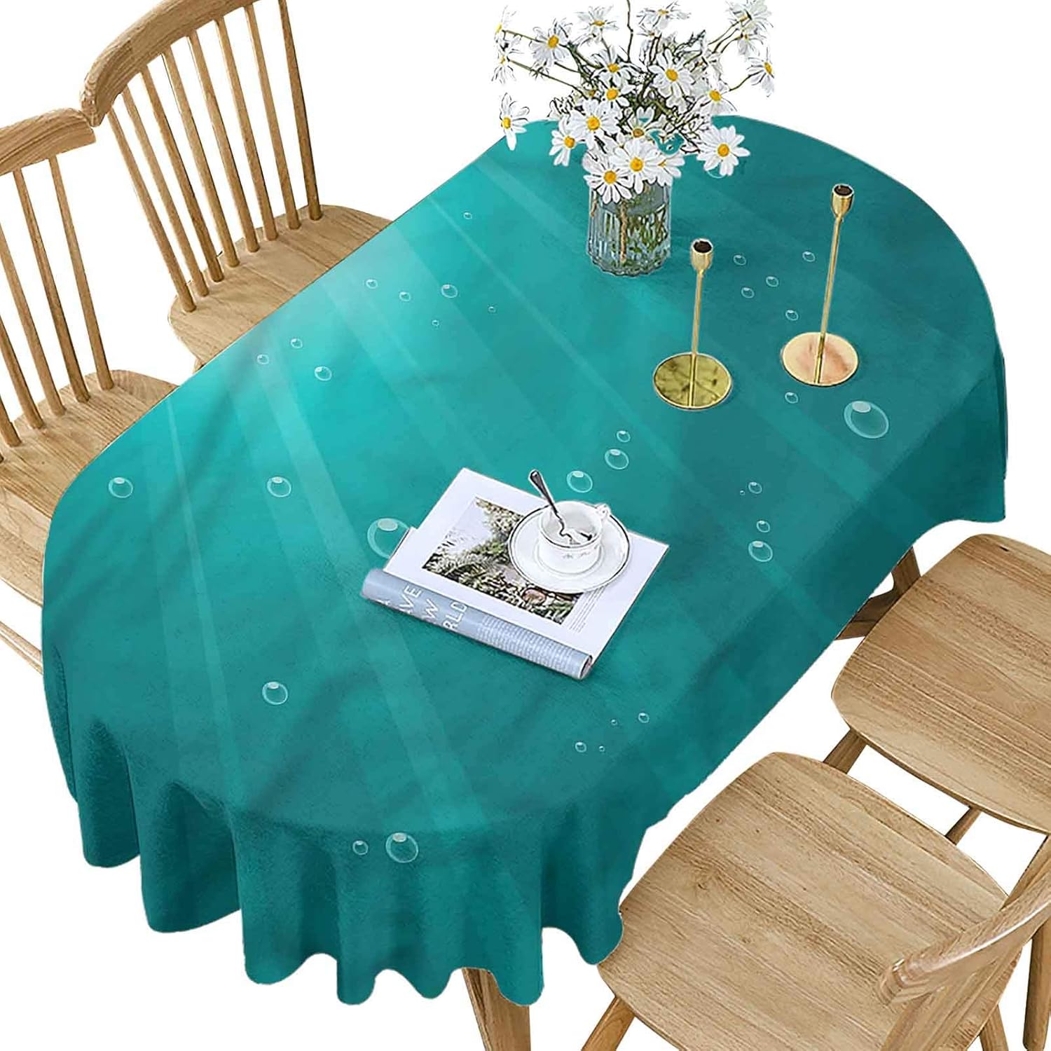 Teal Polyester Oval Tablecloth,Sunrays Passing Through Ocean Pattern Printed Washable Indoor