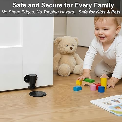 Miniatura 6 de 1 paquete de tope magnético para puerta, tope de puerta ajustable, soporte de puerta de montaje en piso, adhesivo 3M sin taladrar (negro)