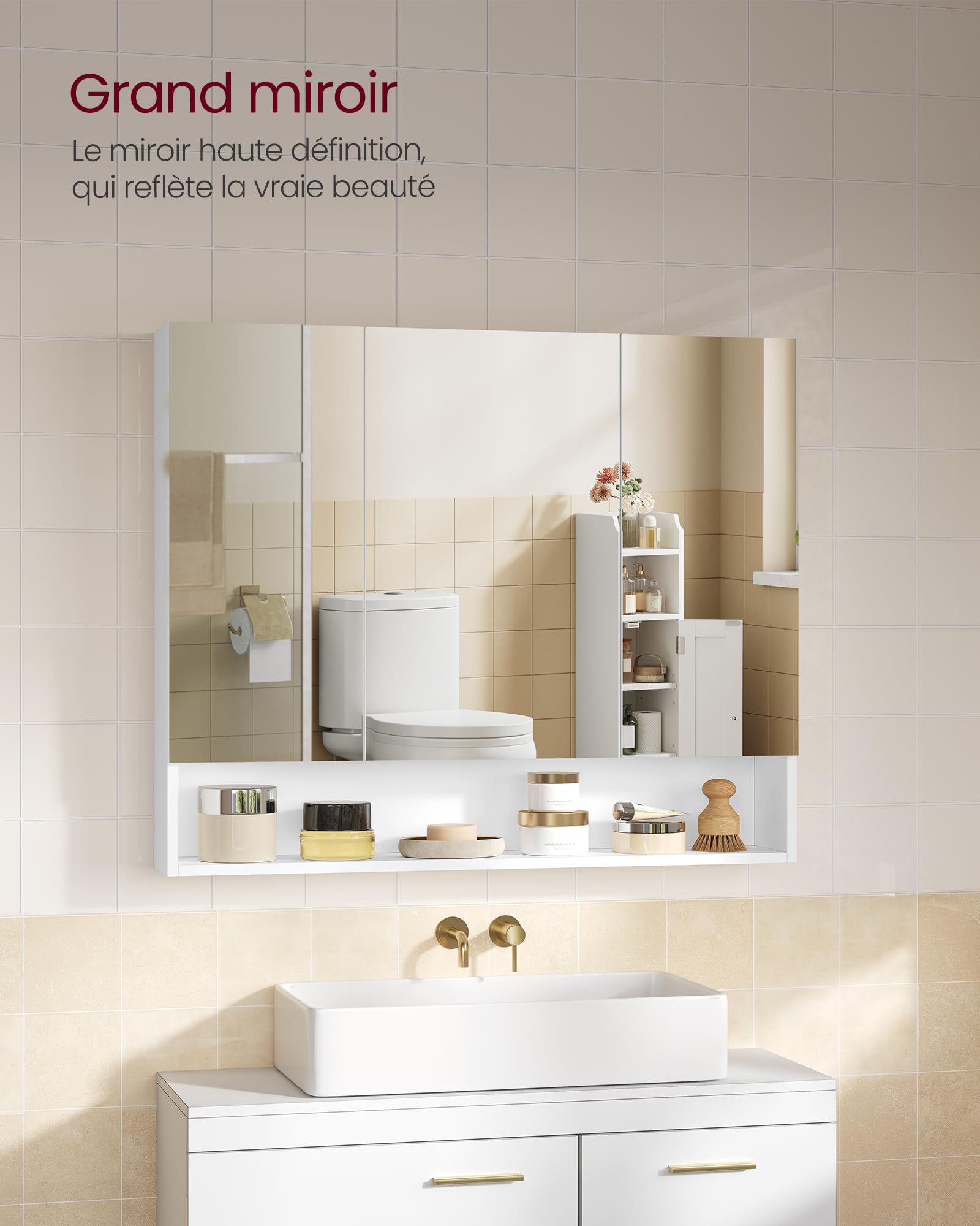 VASAGLE Kailyn Collection - Armoire de Salle de Bain avec Portes Miroir, Meuble de Rangement Mural, Compartiment Ouvert, Étagères Réglables, 16,5 x 90 x 75 cm, Blanc Nuage BBK130W01
