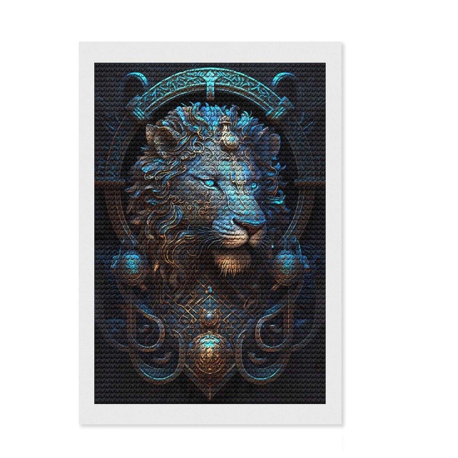 Junmoney Mystical Cosmic Blue Lion Round Drill Diamond Painting 8"x12", for Creative Relaxation, Full Kit Included, Boho Decor, Gift Idea