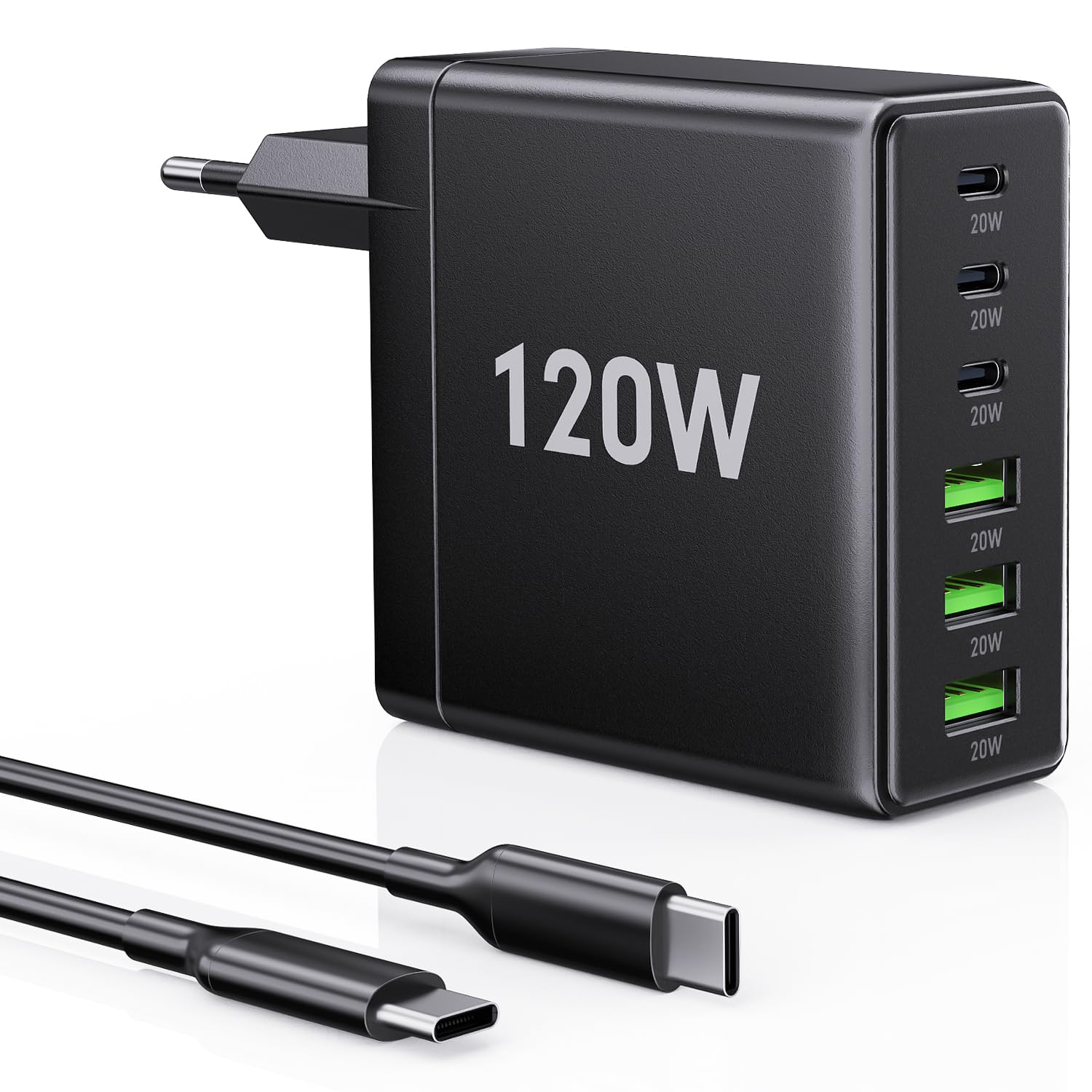 FINIBO 120W USB C Ladegerät – 6 Ports Multiport Schnellladegerät mit Intelligenter Leistungssteuerung, PD3.0 & QC4.0 Unterstützung, Kompaktes Ladegerät für iPad & Smartphone