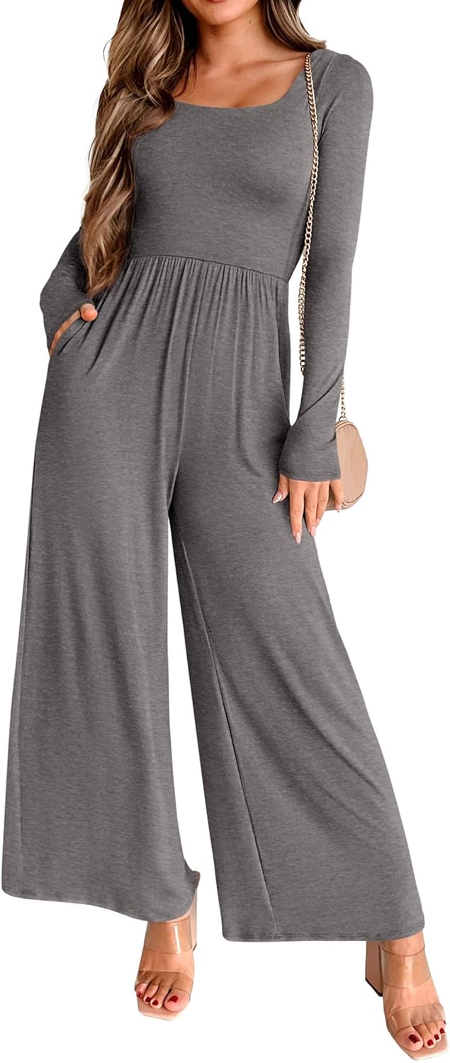 KIRUNDO Long Sleeve Jumpsuit for Women 2025 Summer Fall Fashion Lightweight One Piece Square Neck Wide Leg Romper Pockets