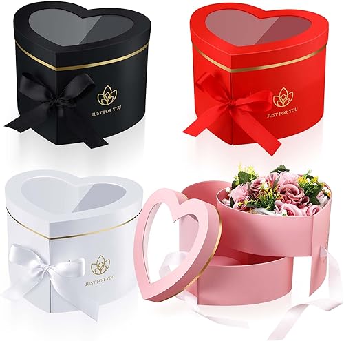 Miniatura 8 de Gueevin 4 cajas en forma de corazón, cajas de corazón para flores, caja de regalo floral con tapas, caja de regalo del día de San Valentín, cajas de