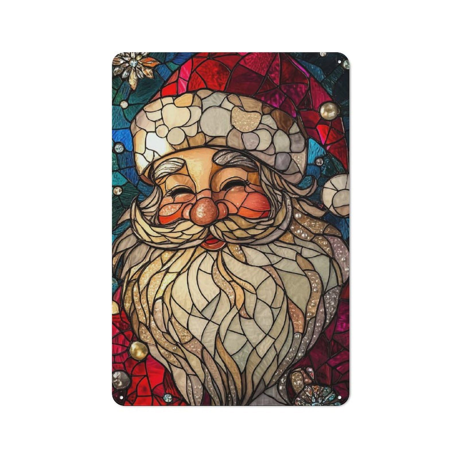 Junmoney Stained Glass Santa Claus Rustic Tin Sign 30X20cm, Garden Style Garden Room Wall Plaque For Conservatory, Home Bar Or Utility Room