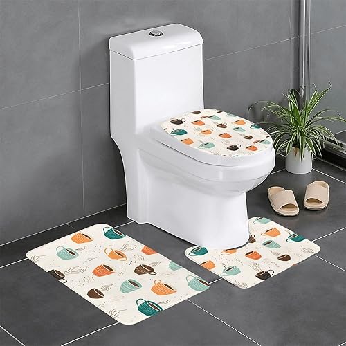 Anti-Slip Floor Mat Set of 3 DDCXZPP Abstract Coffee Cup Printed U-Shaped Toilet Floor Mat, Tightly Attached, Absorbent & Durable, Thick &
