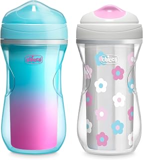 Chicco Double-Wall Insulated Sippy Cup with Bite-Proof Rim Spout and Spill-Free Lid 9oz. | Top-Rack Dishwasher Safe | Easy to Hold Ergonomic Indents | Teal/Pink/Floral, 2pk | 12+ months