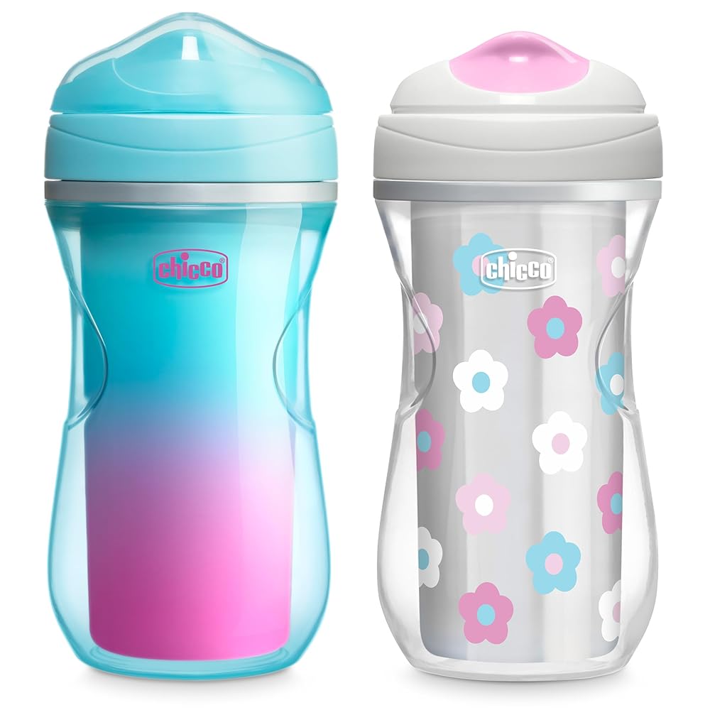 Chicco Double-Wall Insulated Sippy Cup with Bite-Proof Rim Spout and Spill-Free Lid 9oz. | Top-Rack Dishwasher Safe | Easy to Hold Ergonomic Indents | Teal/Pink/Floral, 2pk | 12+ months