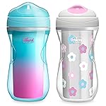 Chicco Double-Wall Insulated Sippy Cup with Bite-Proof Rim Spout and Spill-Free Lid 9oz. | Top-Rack Dishwasher Safe | Easy to Hold Ergonomic Indents | Teal/Pink/Floral, 2pk | 12+ months