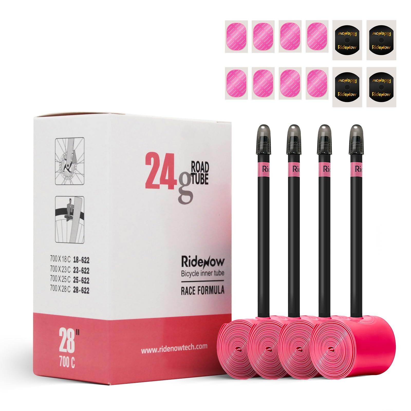 Ridenow 4-Pack Bike Inner Tube for 700/18C-28C, 700/18C-32C with 65/85 mm Metal &TPU Presta Valves for Road Bikes, Super Light Puncture Resistant