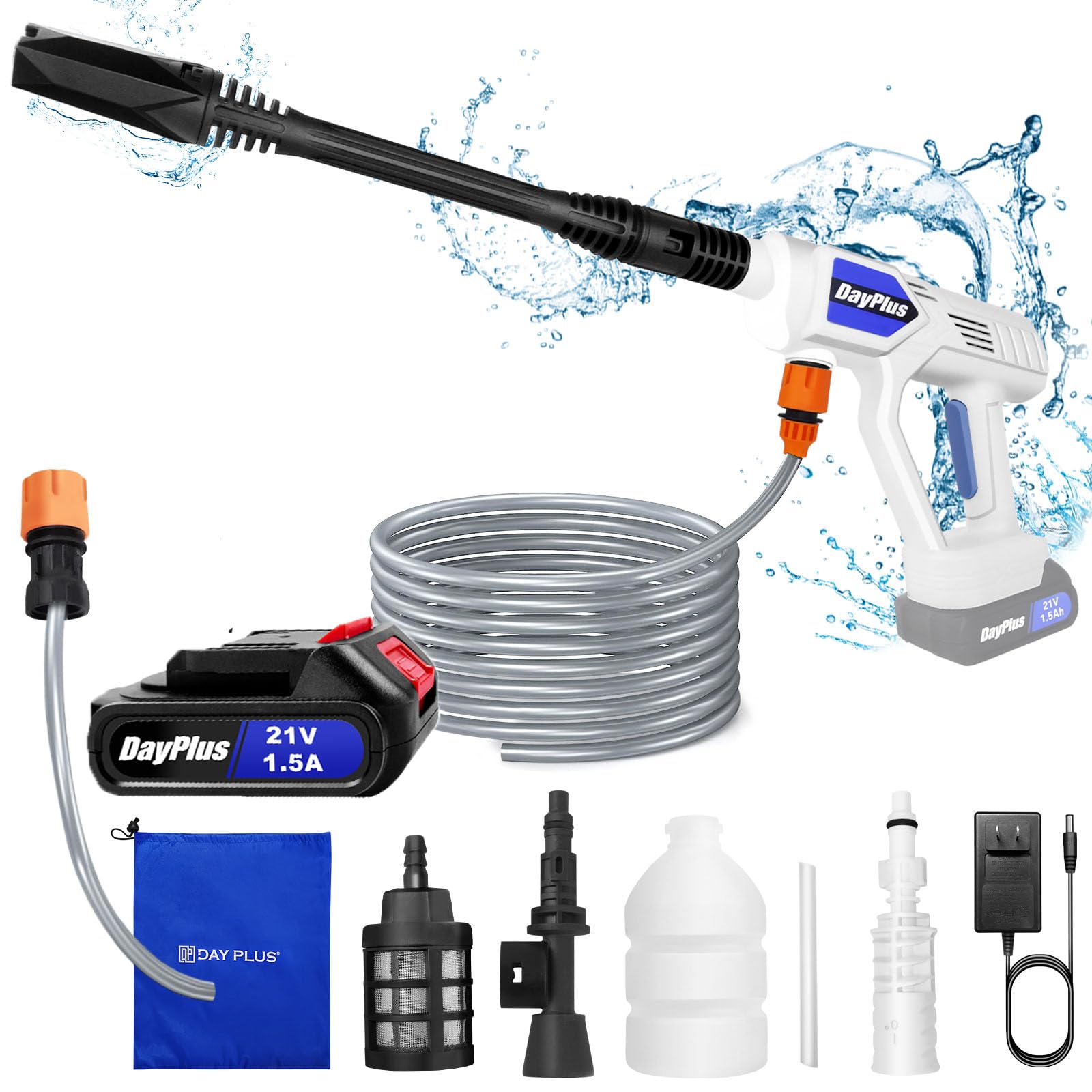 Cordless Pressure Washer,21V 30 Bar/435 PSI Portable Pressure Washer with 1.5Ah Battery,16.4FT Hose Pressure Cleaner for Car/Floor/Garden Cleaning & Watering (White)
