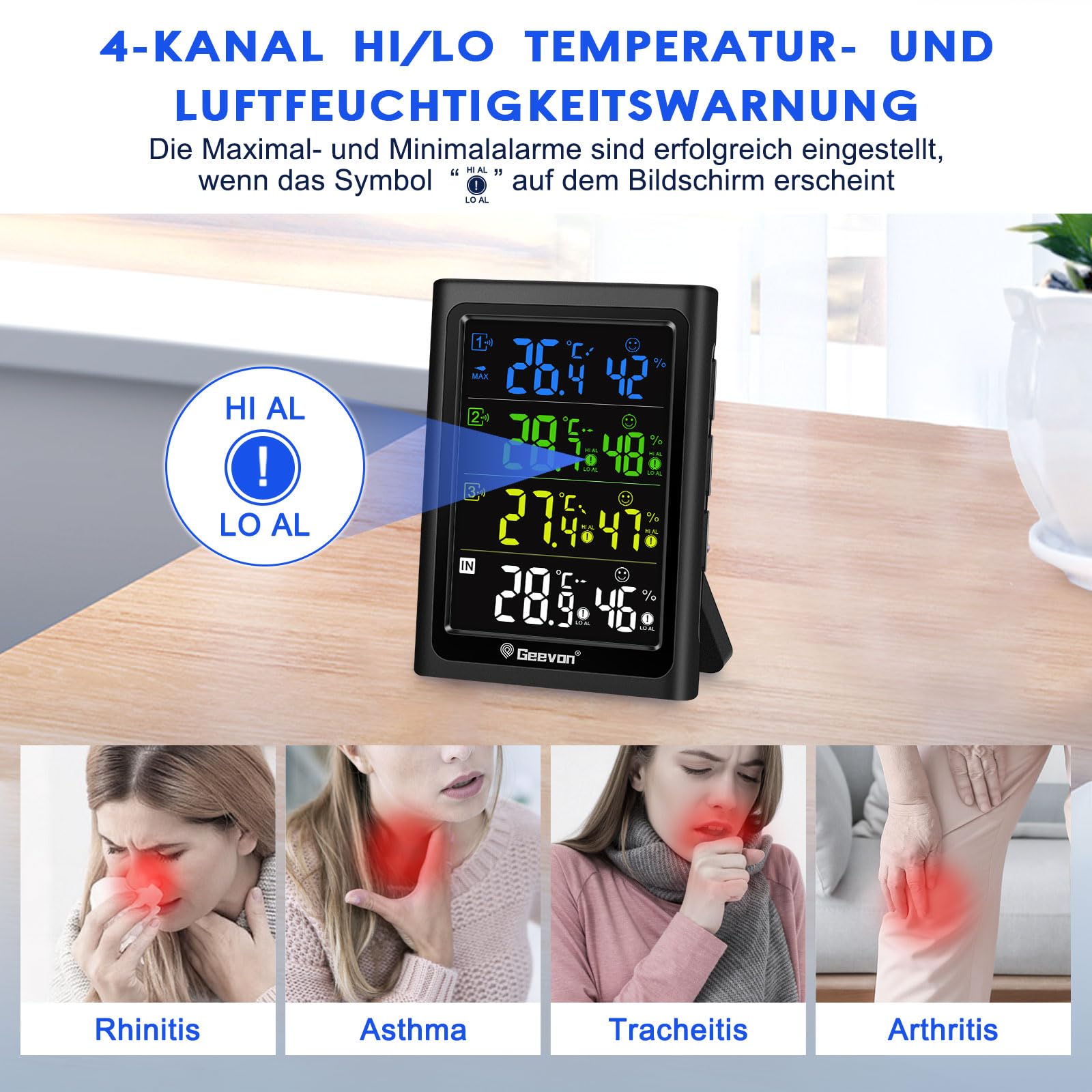 Geevon Termometro Interno Esterno con 3 Sensori a Distanza, Termometro Igrometro Digitale per Umidità, Misuratore di Temperatura e Umidità con Portata di 90M/300FT (Nero con Batteria)