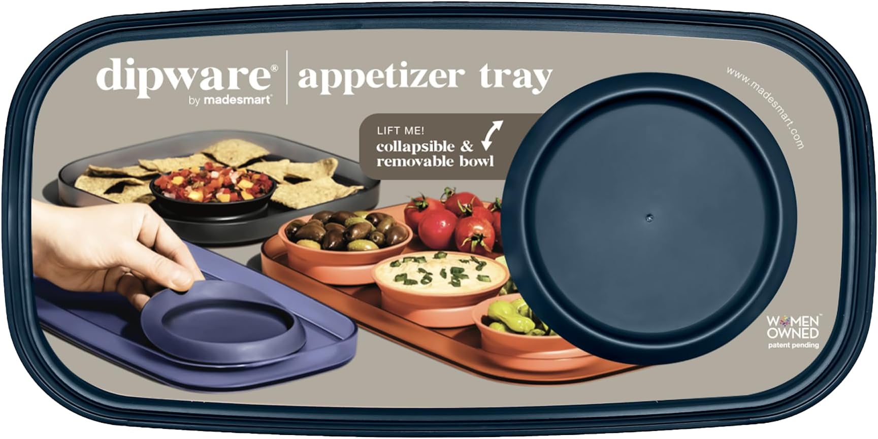 dipware Small Serving Tray with Collapsible and Removable Dip Bowl for Appetizers and Snacks; Reusable Appetizer Tray with Multipurpose Bowl, Translucent Midnight