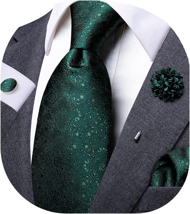 Dubulle Mens Tie and Lapel Pin Paisley Striped Floral Necktie for Men Pocket Square Cufflinks Wedding Party, Deep Green, Medium