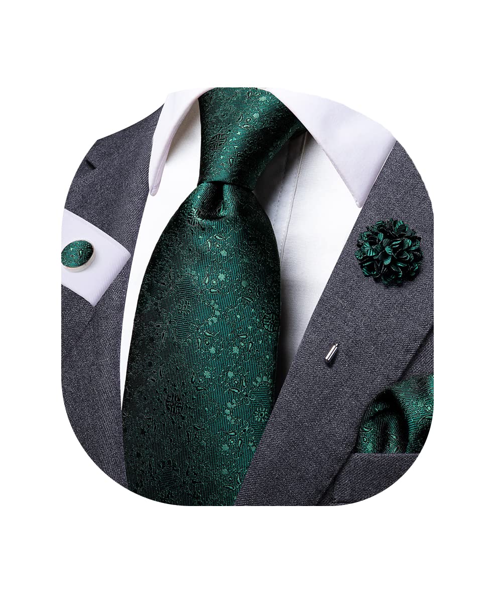 Dubulle Mens Tie and Lapel Pin Paisley Striped Floral Necktie for Men Pocket Square Cufflinks Wedding Party, Deep Green, Medium