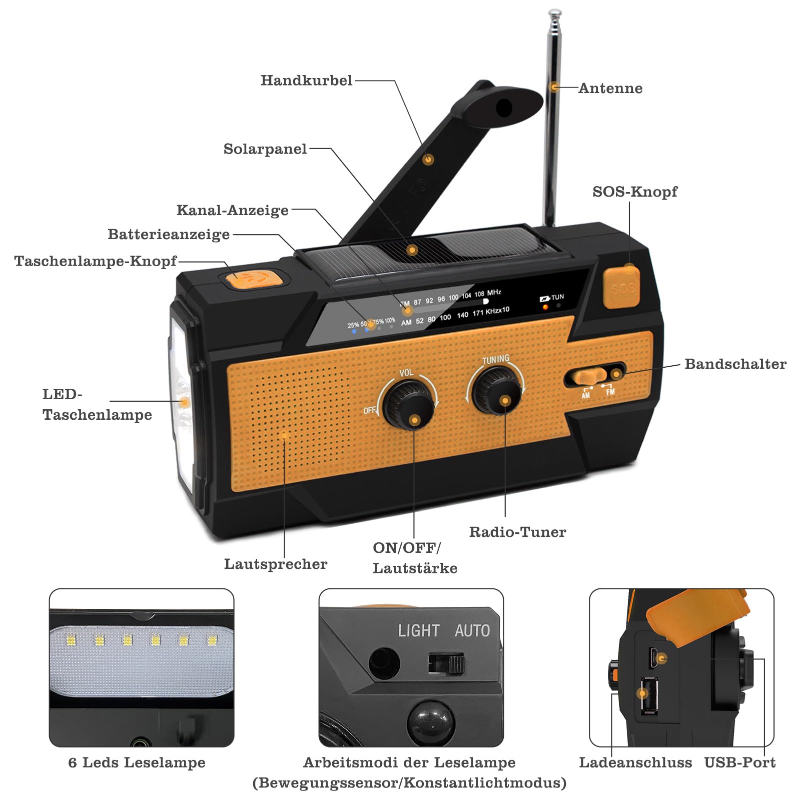 Nigecue Solar Radio, Tragbar Kurbelradio Dynamo Radio mit AM/FM, Eingebaute 4000mAh Wiederaufladbare Batterie, 4 Modi LED Taschenlampe, LED Leselampe mit Bewegungssensor, SOS-Alarm für Notfall Ourdoor