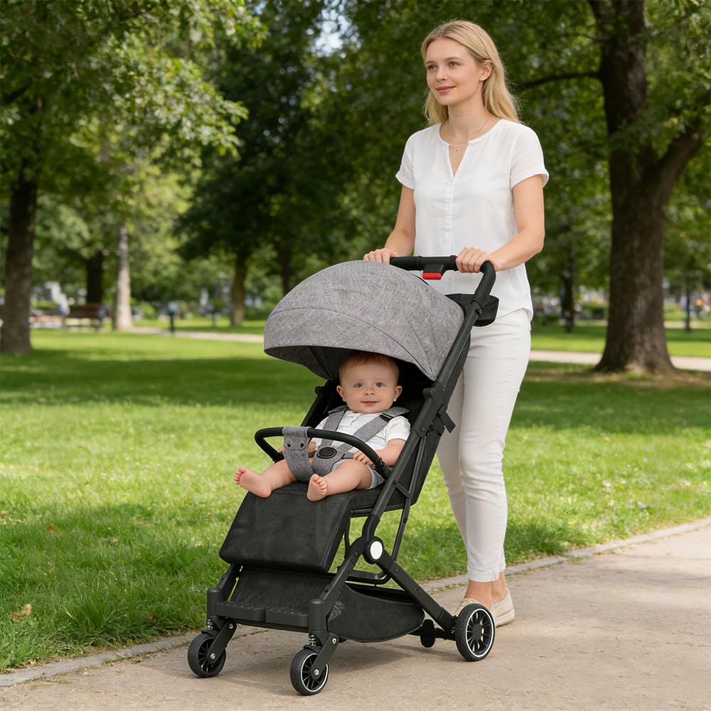 Homewell Kompaktowy wózek dziecięcy 15 kg, pozycja leżąca, ultra kompaktowy składany jedną ręką, 5-punktowa uprząż, wysuwany kaptur (szary)