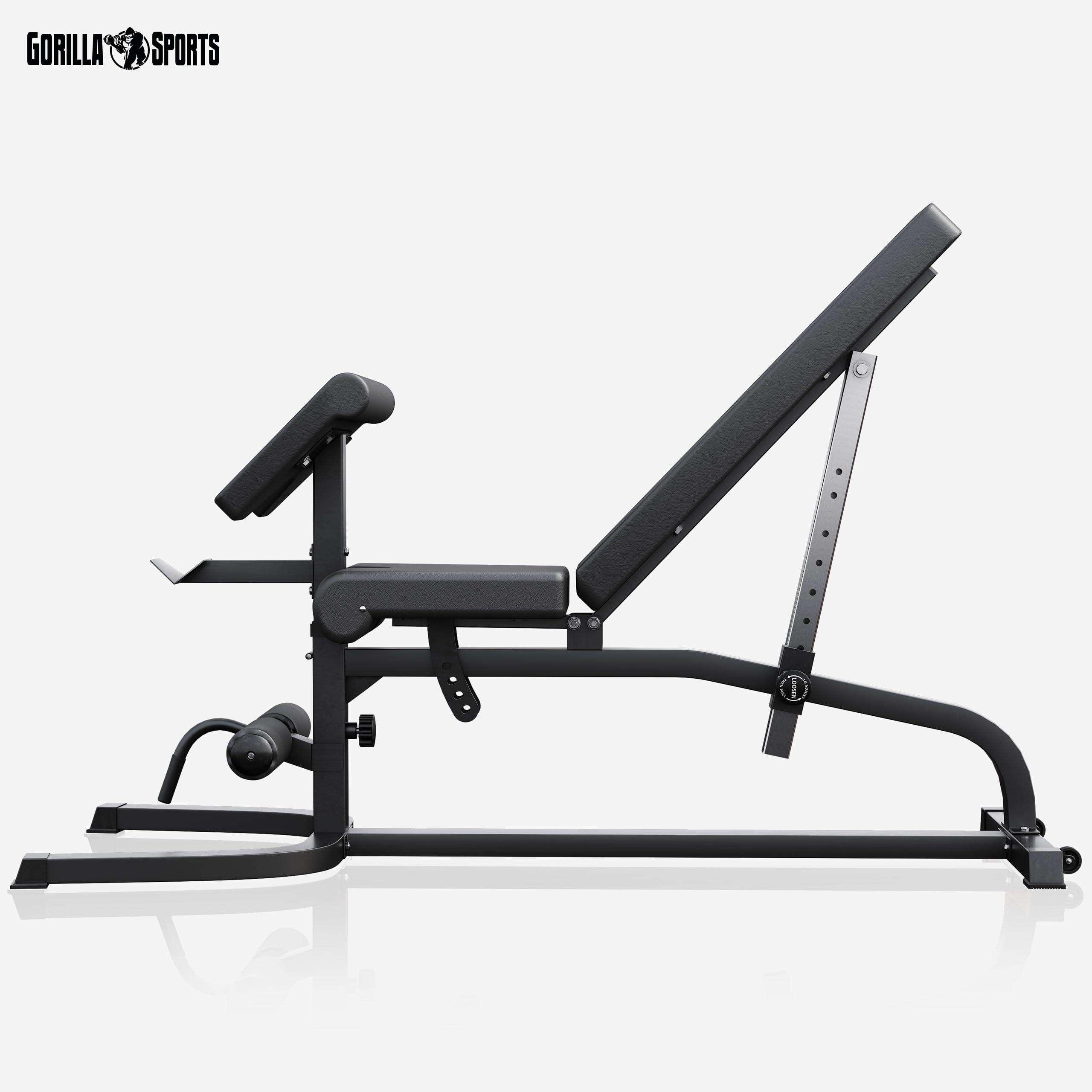 GORILLA SPORTS® Hantelbank, 13-fach Rücken, 4-fach Sitz, bis 200 kg | Mit Curlpult, Hantelablage, Beinstrecker, Beinbeuger und Rastbolzen; Schrägbank, Negativbank, Flachbank, Fitnessbank
