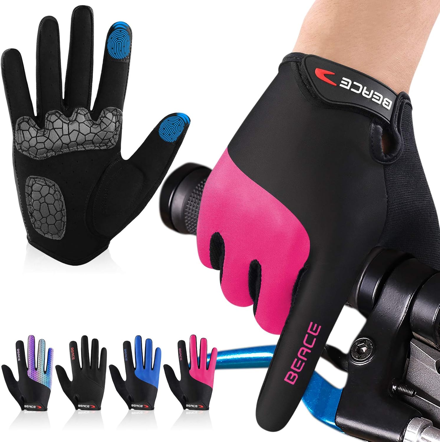 BEACE Cycling Gloves Bike Gloves Biking Gloves for Women(Colorful Night Glow) with Touch Screen-Workout Gloves Full Finger Road Gloves Mountain Bike Gloves Anti-Slip Silicone Palm : Sports & Outdoors