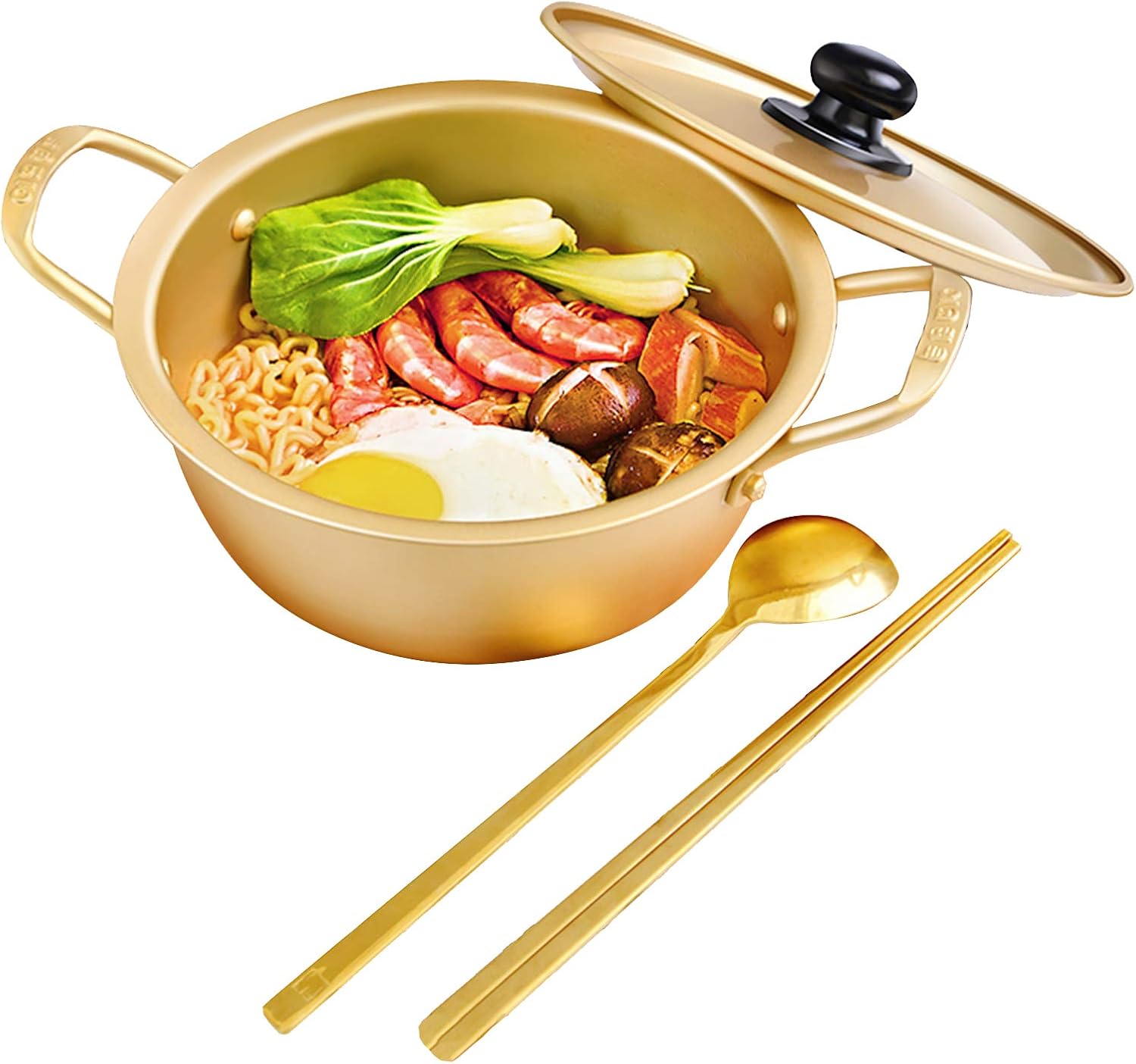 AIZYR Korean Ramen Ramen Noodles Pot with Lid Spoon and Chopsticks, Aluminum Soup Pot with Handle for Home and Outdoor,16cm