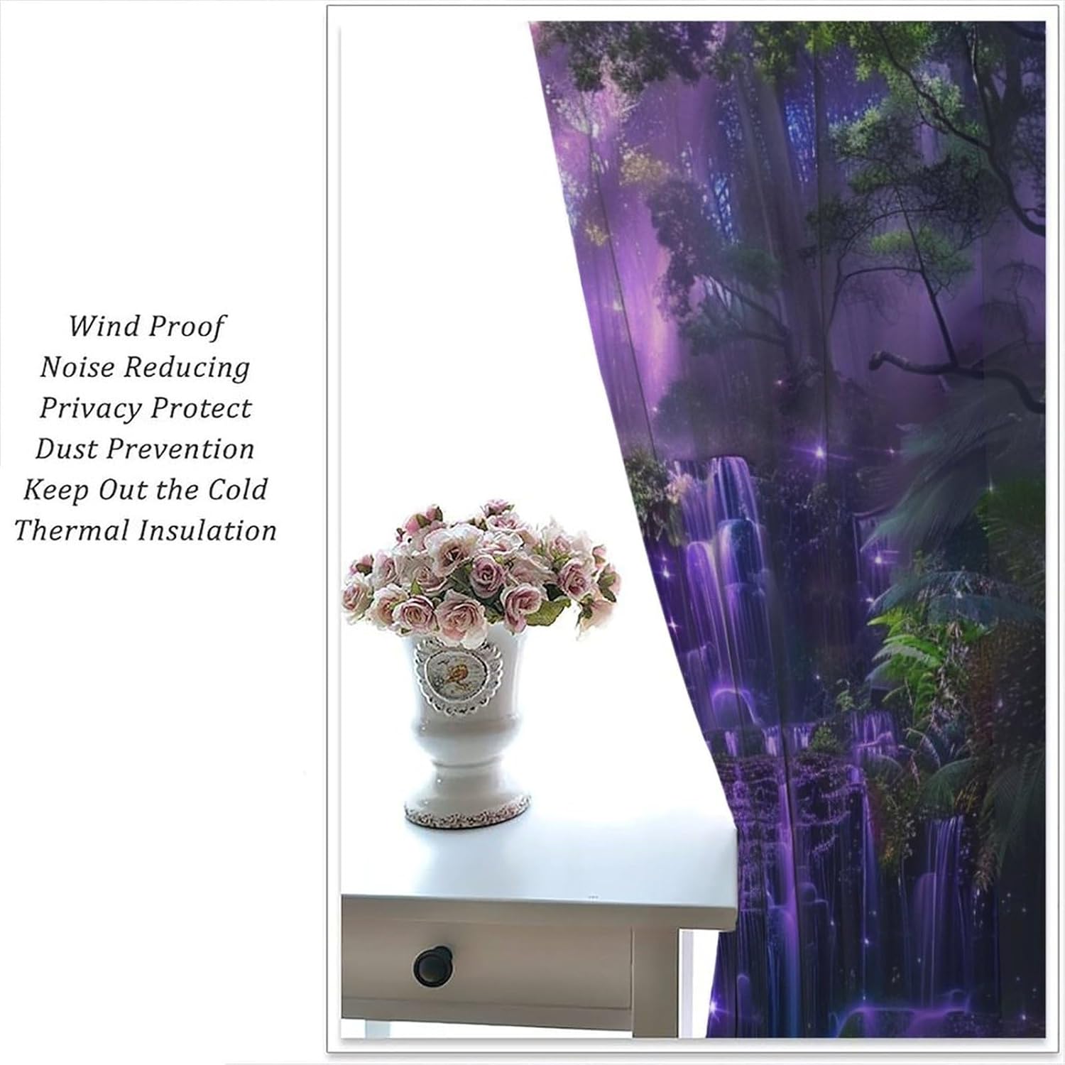 Enchanted Forest Curtains Fantasy Nature Purple Fireflies Waterfall Pattern Blackout Print Rod Pocket Window Drapes for Bedroom Living Room 42x45in