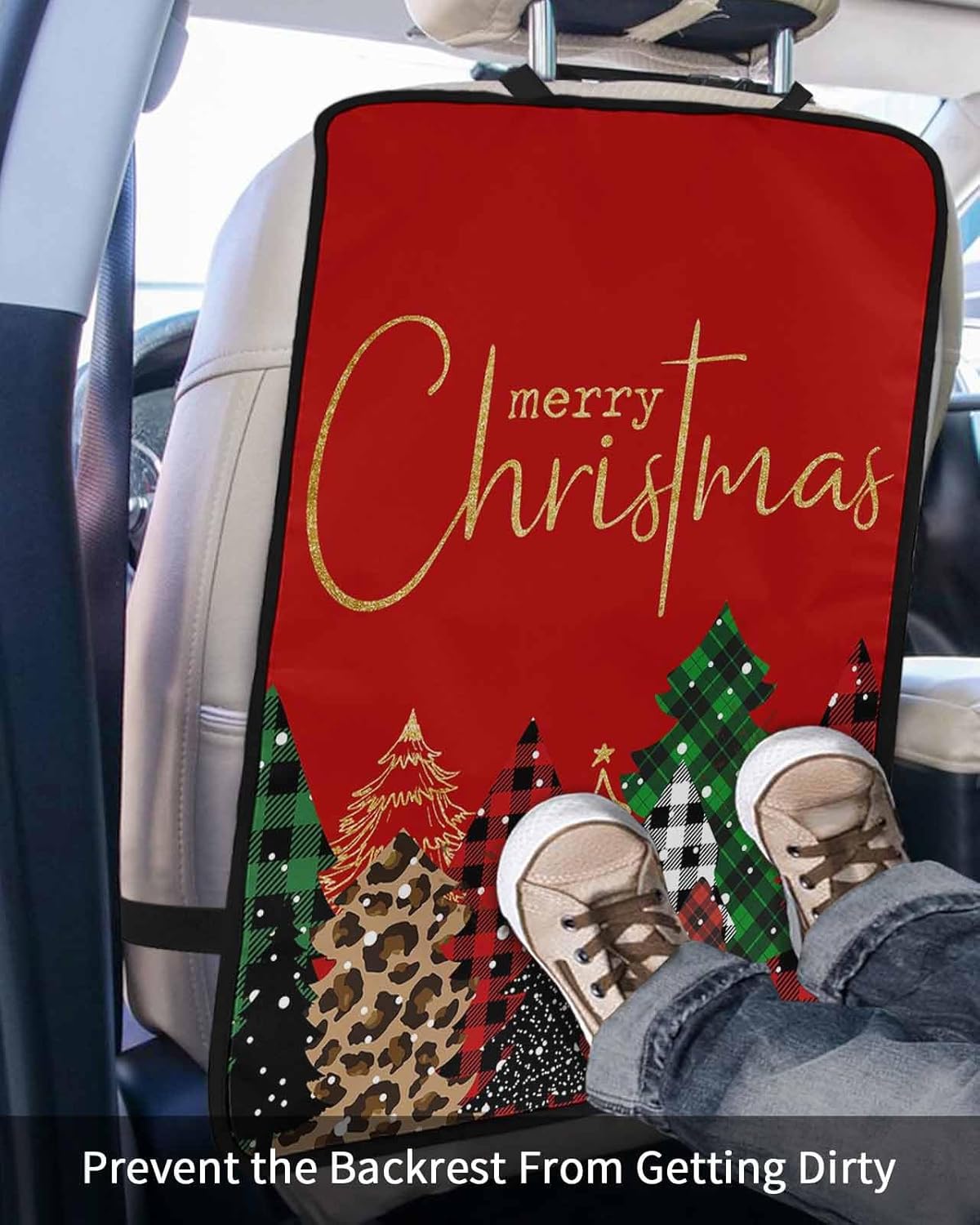 Car Seat Protector, 2 Pack Kick Mats Back Seat Protector Red Christmas Leopard Pattern Buffalo Plaid Xmas Tree Waterproof Backseat Cover for Kids Universal Fit Automotive Interior Protectors