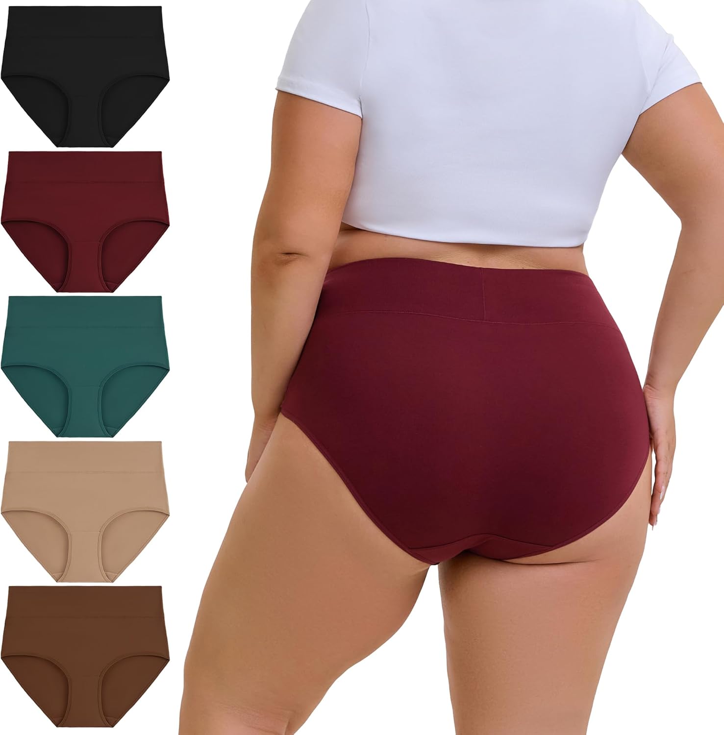 Plus Size Underwear for Women High Waisted Cotton Panties Soft Stretch Full Coverage Briefs 5-Pack