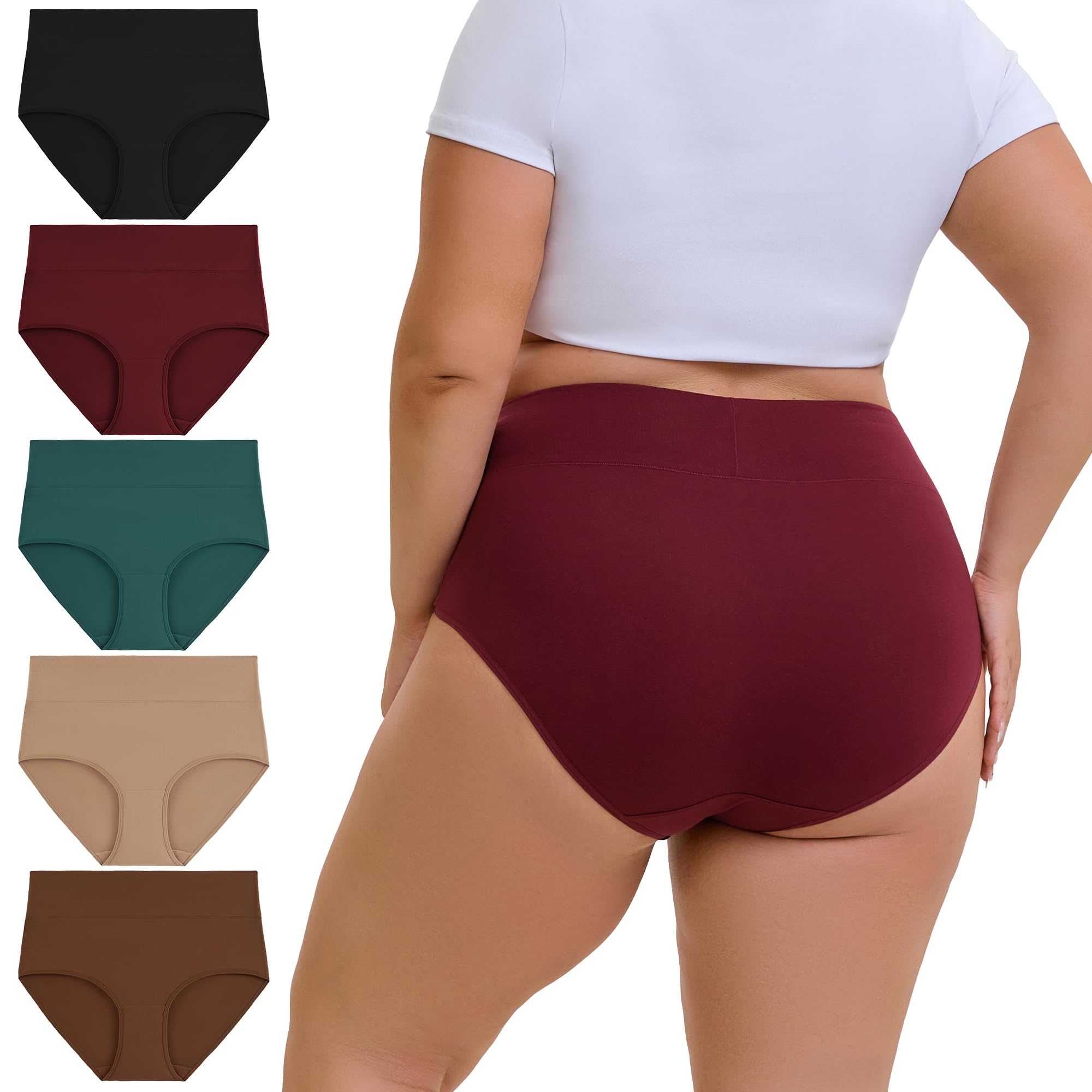 Plus Size Underwear for Women High Waisted Cotton Panties Soft Stretch Full Coverage Briefs 5-Pack