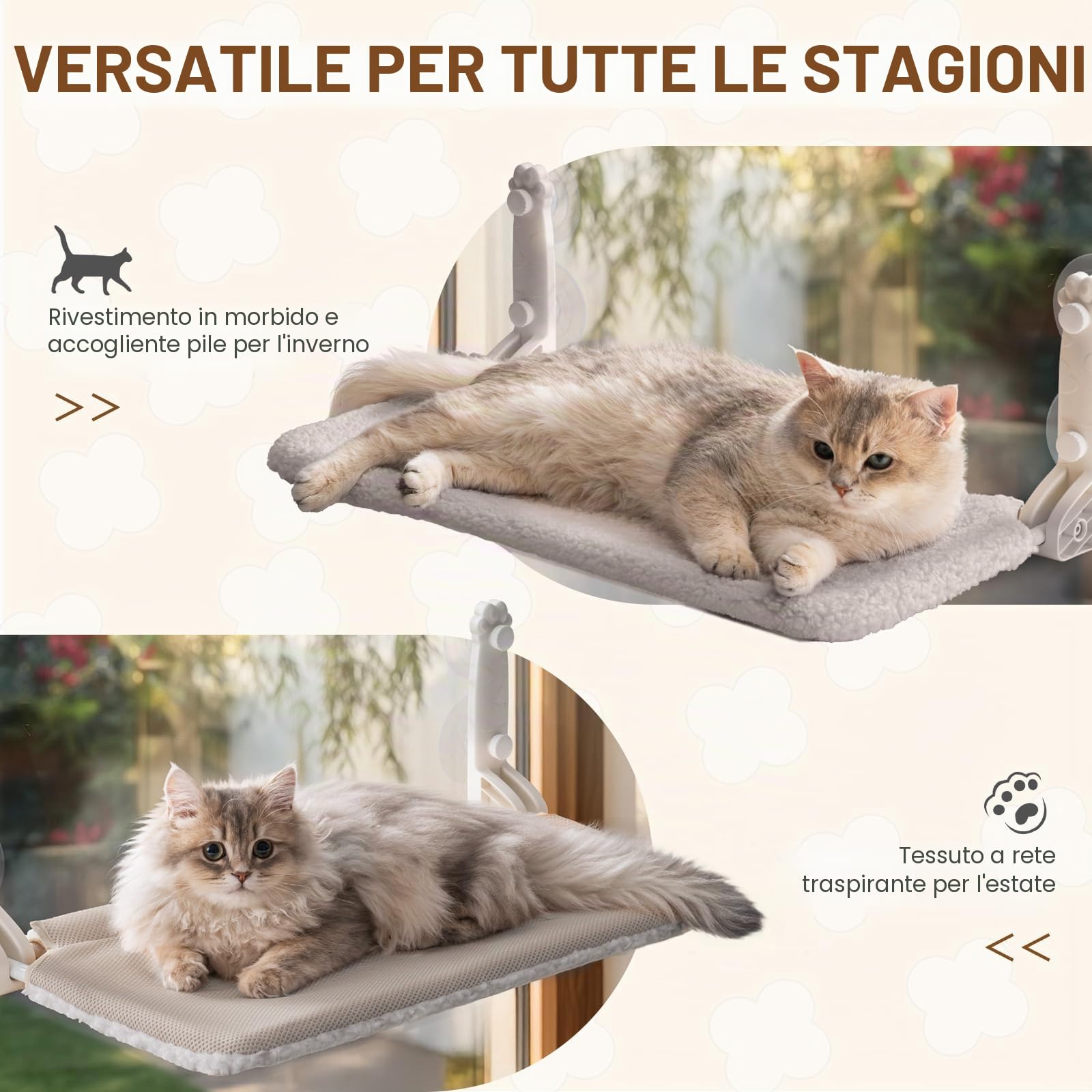 Amaca per finestra per gatti da interni, pieghevole, con tappetino reversibile, con forti ventose robuste (grigio, M)