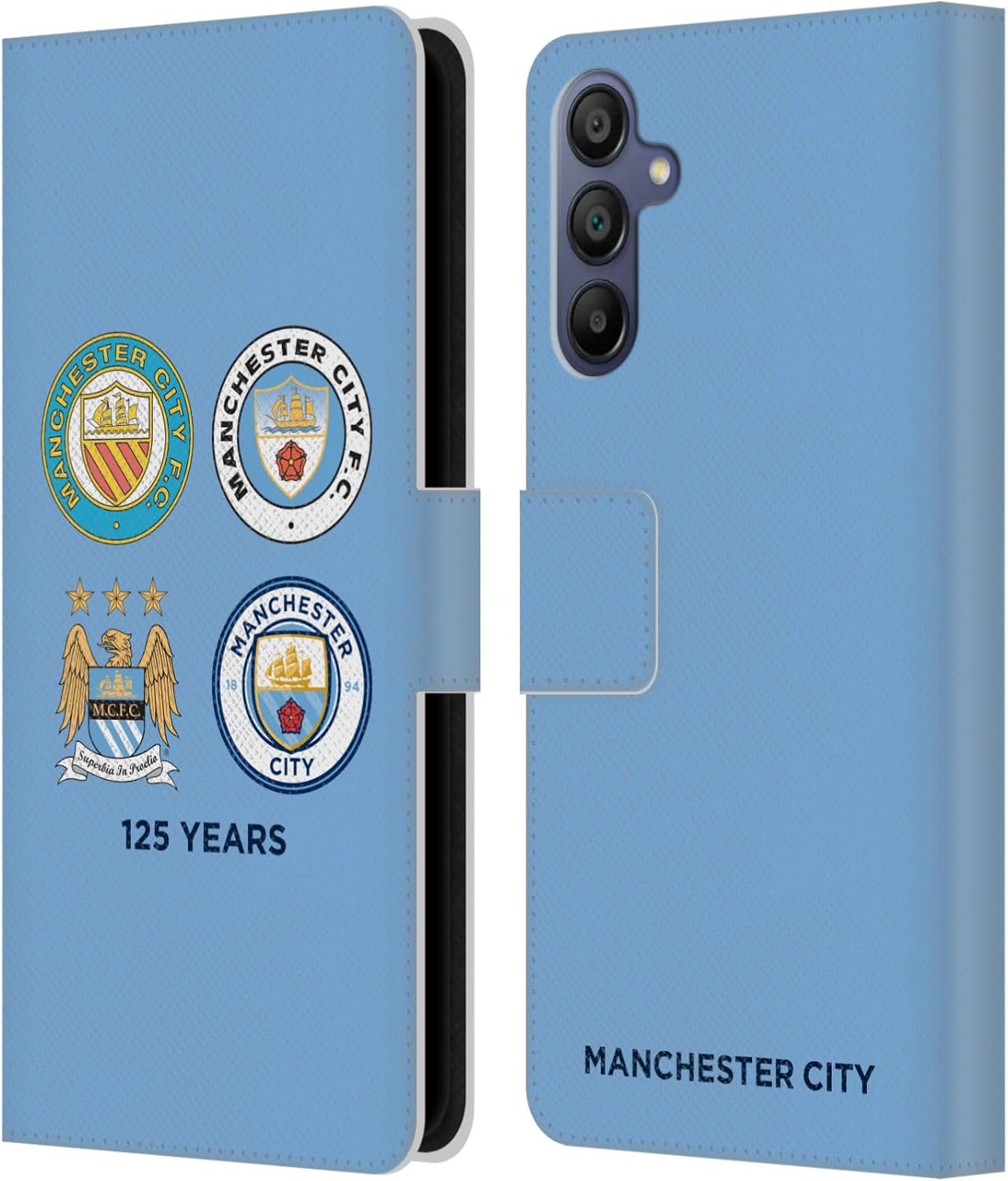 Head Case Designs Officially Licensed Manchester City Man City FC 125 Years Historic Crest Evolution Leather Wallet Case Compatible with Samsung Galaxy A15