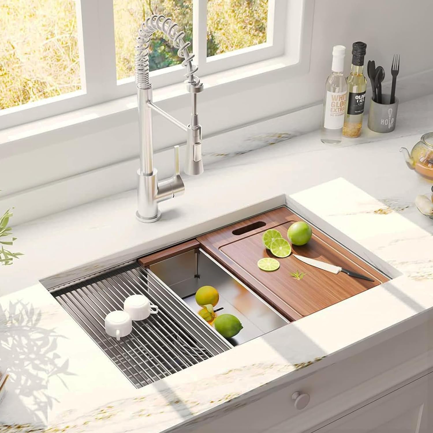 ALWEN 32X19 inch Ledge Workstation Undermount kitchen Sink T304 Scracth Resistant Stainless Steel Single Bowl Kitchen Sink
