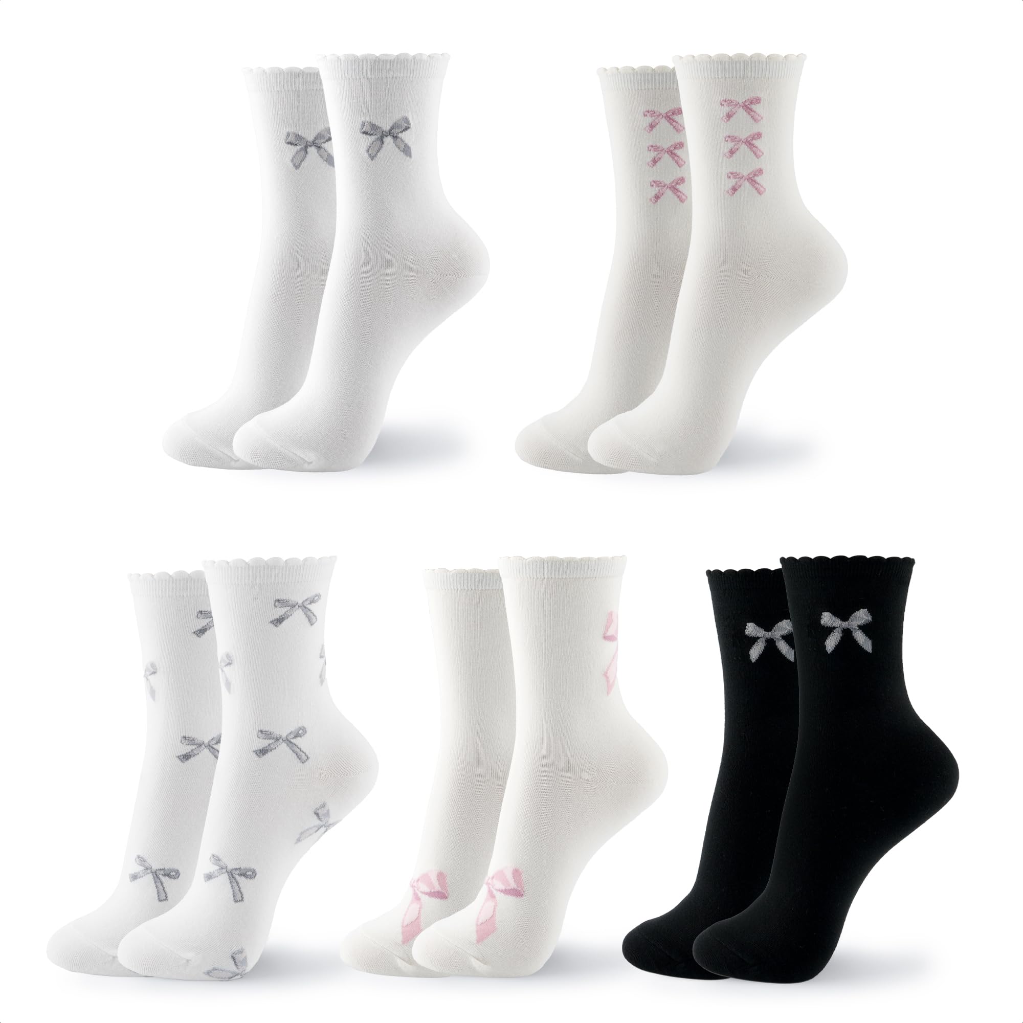 kikiya socks Women Crew | 4-6 Pairs Cute Smiley Face Fun Character Print Ribbon Design | Girls Soft Cotton Socks | US 6-8