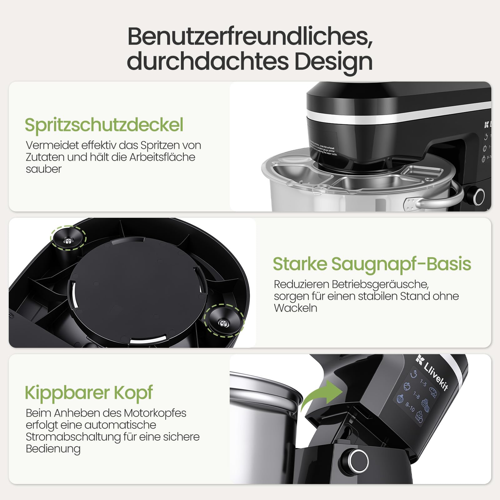 LLIVEKIT 1500W Küchenmaschine, 5,2L Edelstahl-Rührschüssel, Knetmaschine Rührmaschine mit 10 Geschwindigkeiten + Pulsfunktion, Überhitzungsschutz, Multifunktional Haushalts-Backgerät
