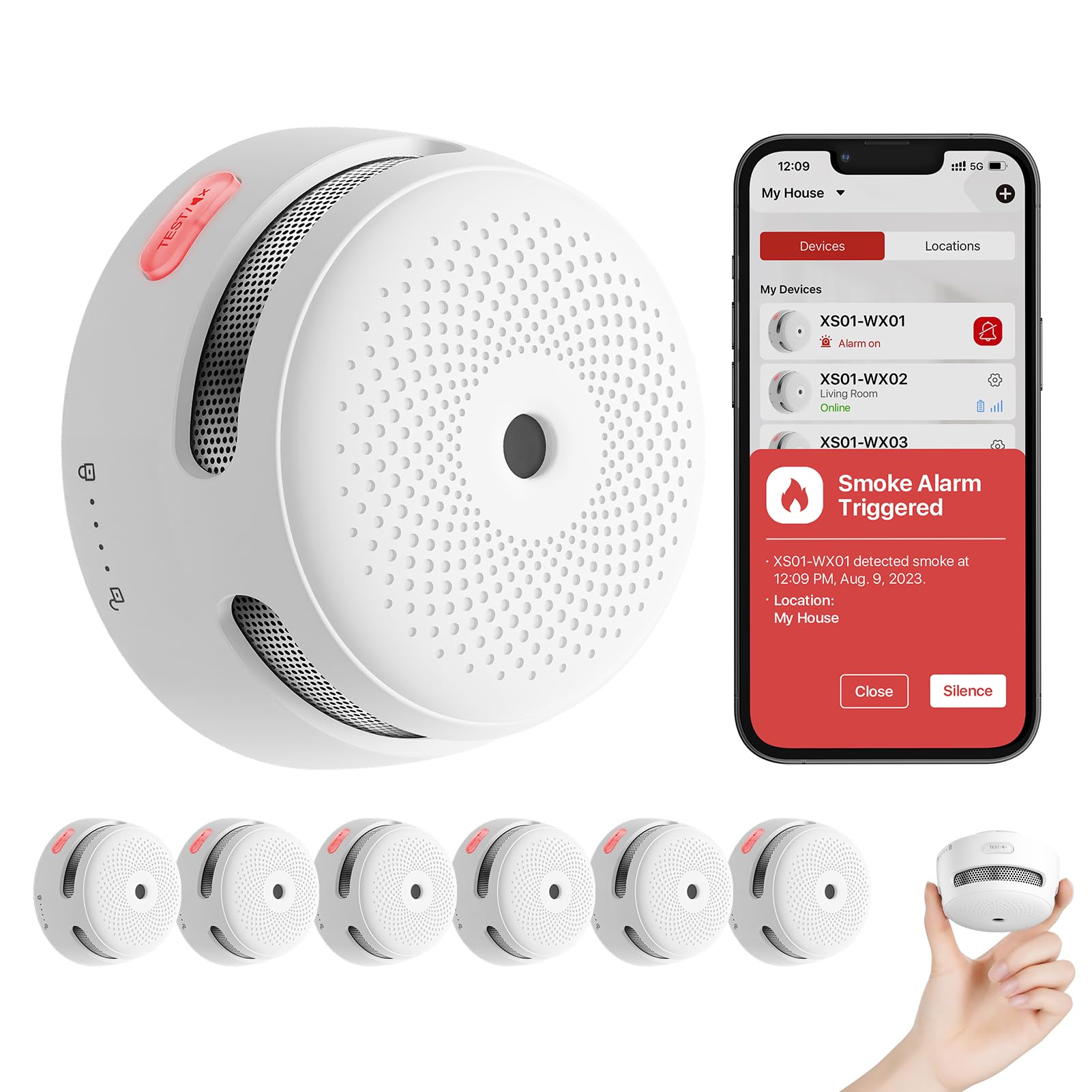 X-Sense - Detector de humo conectado con batería reemplazable, detector de humo Wi-FI conforme a la norma EN14604, notificaciones a través de la aplicación, XS01-WX, juego de 6