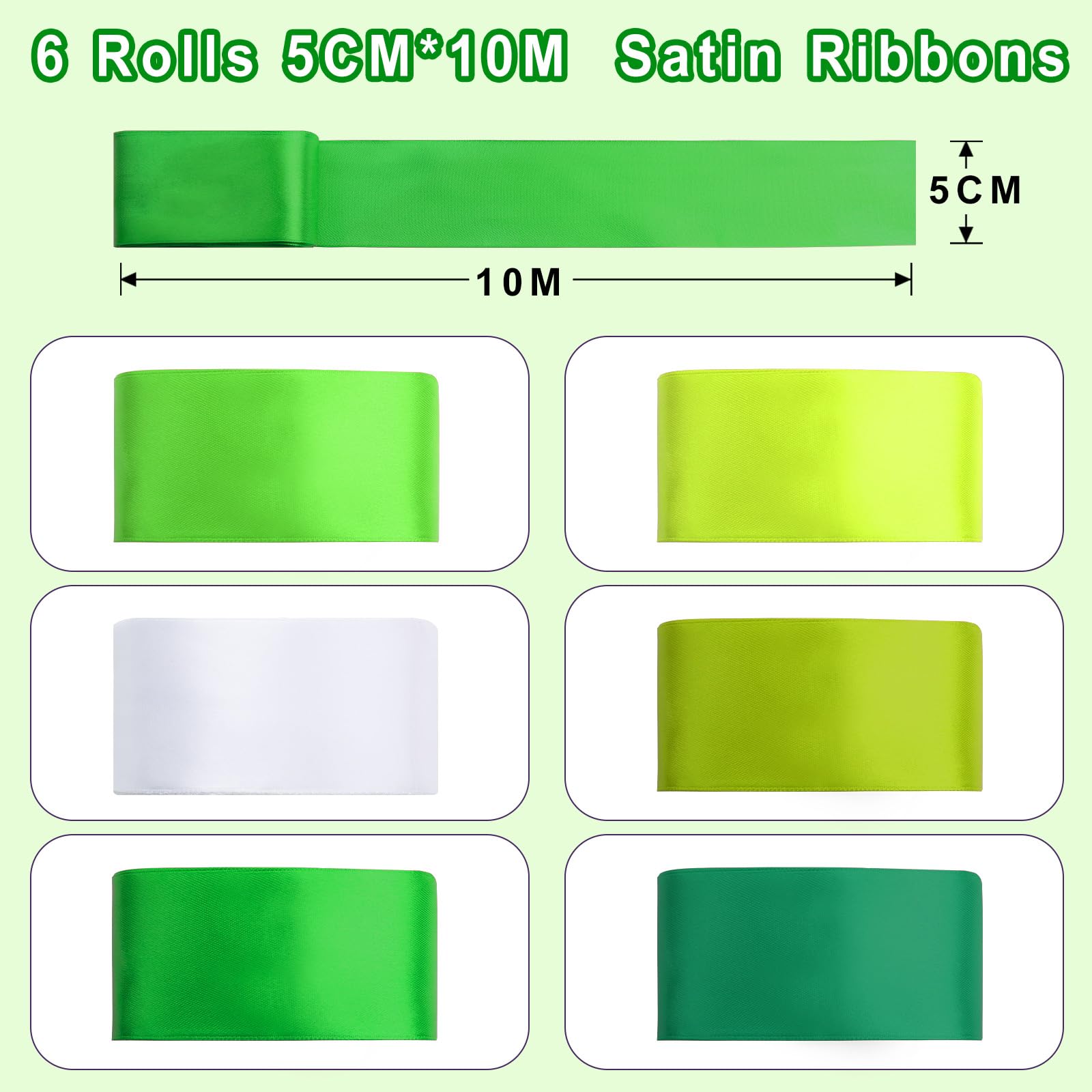 Surflyee 6 Rolls 50MM Wide Green Satin Ribbons, 60M Thick Ribbon Wide, Ribbons for Gift Wrapping Crafting, Wedding Cars - Image 2