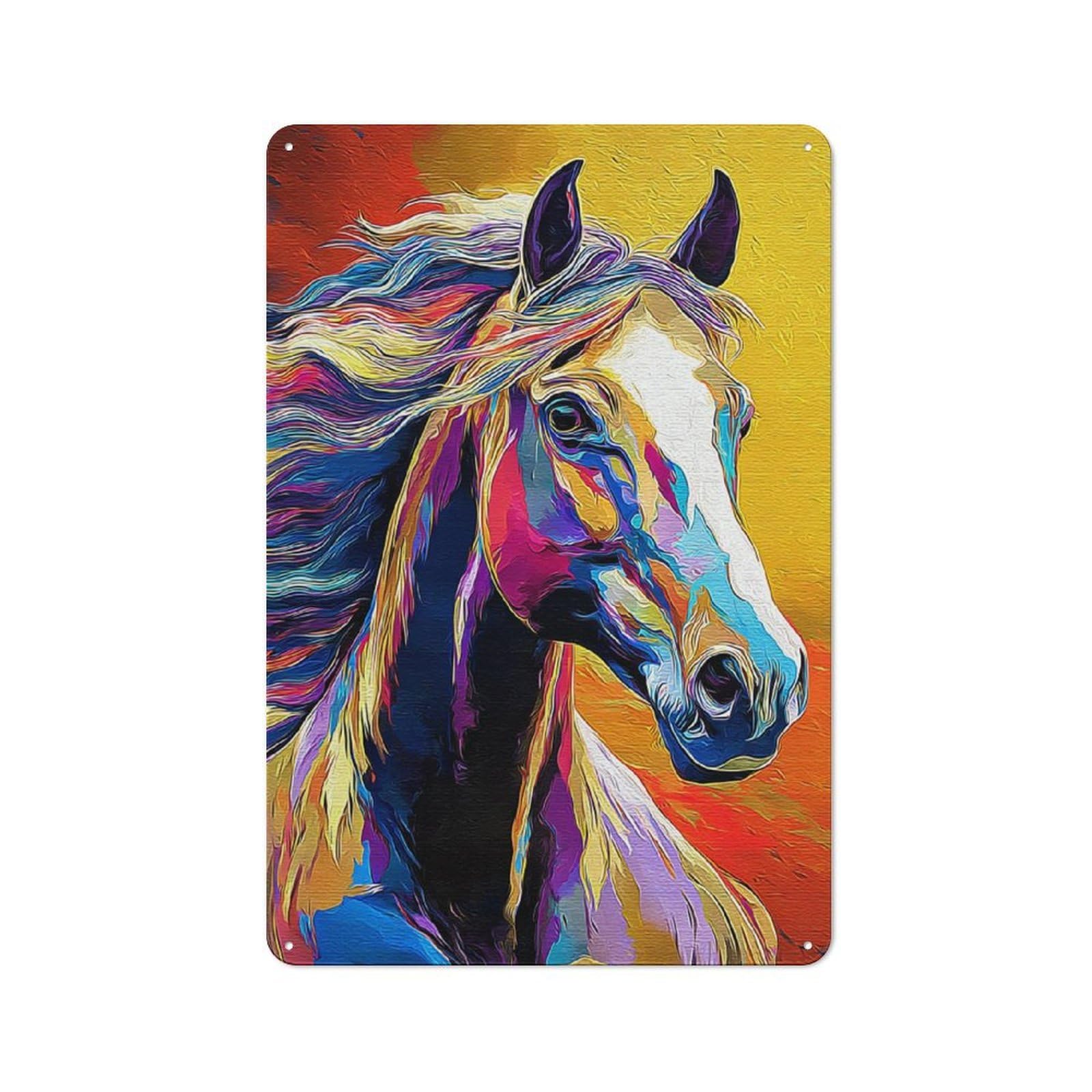 Junmoney Colorful Horse Portrait Artwork -3 Rustic Metal Plaque 30X20cm For Hobby Room Or Studio, For Creative Interior Collectors
