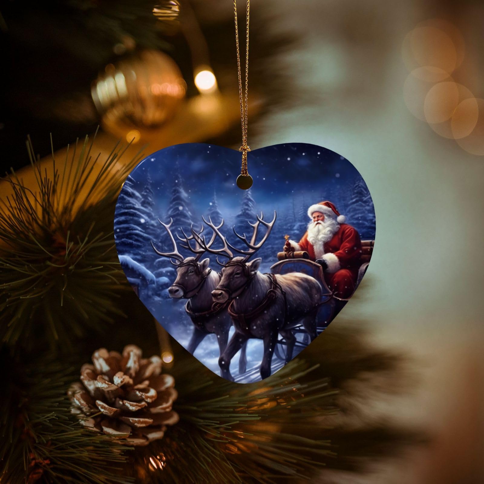 Christmas Tree Ornaments Ceramics Christmas Decorations Snow Night Santa and Deer Ornaments with Gold Ribbon Porcelain Xmas Tree Crafts Heart Shape Hanging Pendant for Christmas Tree Party Decor