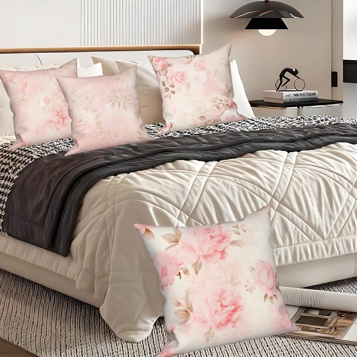 Pink Flower Throw Pillow Covers 18''x18'' Set of 4, Decorative Floral Cushion Covers Vintage Printed Botanical Pillowcases for Couch Sofa Bedroom Farmhouse Livingroom Garden Patio Car