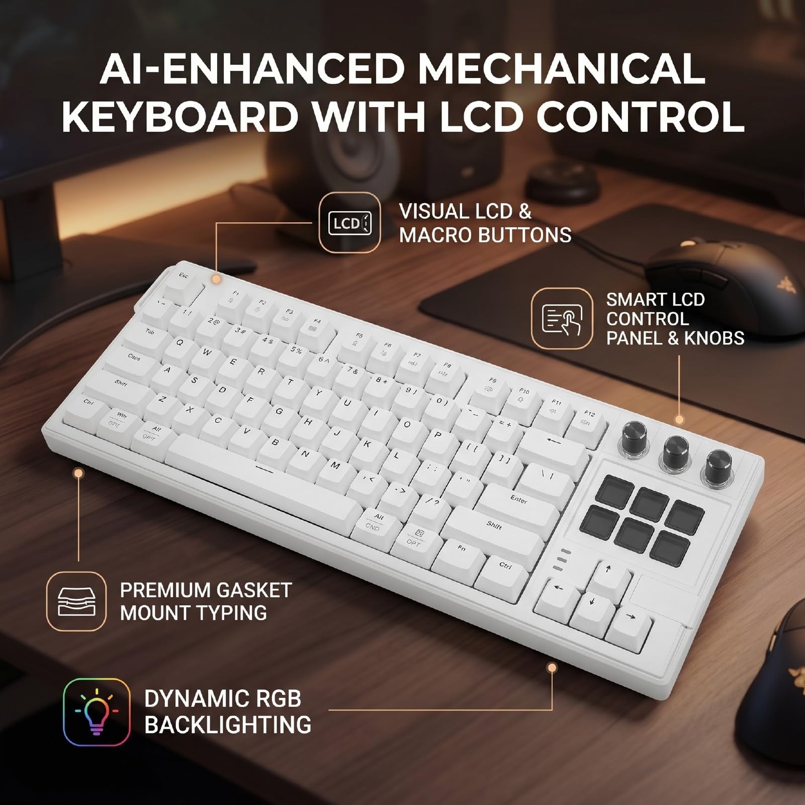 Luocute Tastiera Meccanica da Gaming, Tastiera con Pannello di Controllo LCD e Scorciatoie AI, for Gioco su PC (WHITE)
