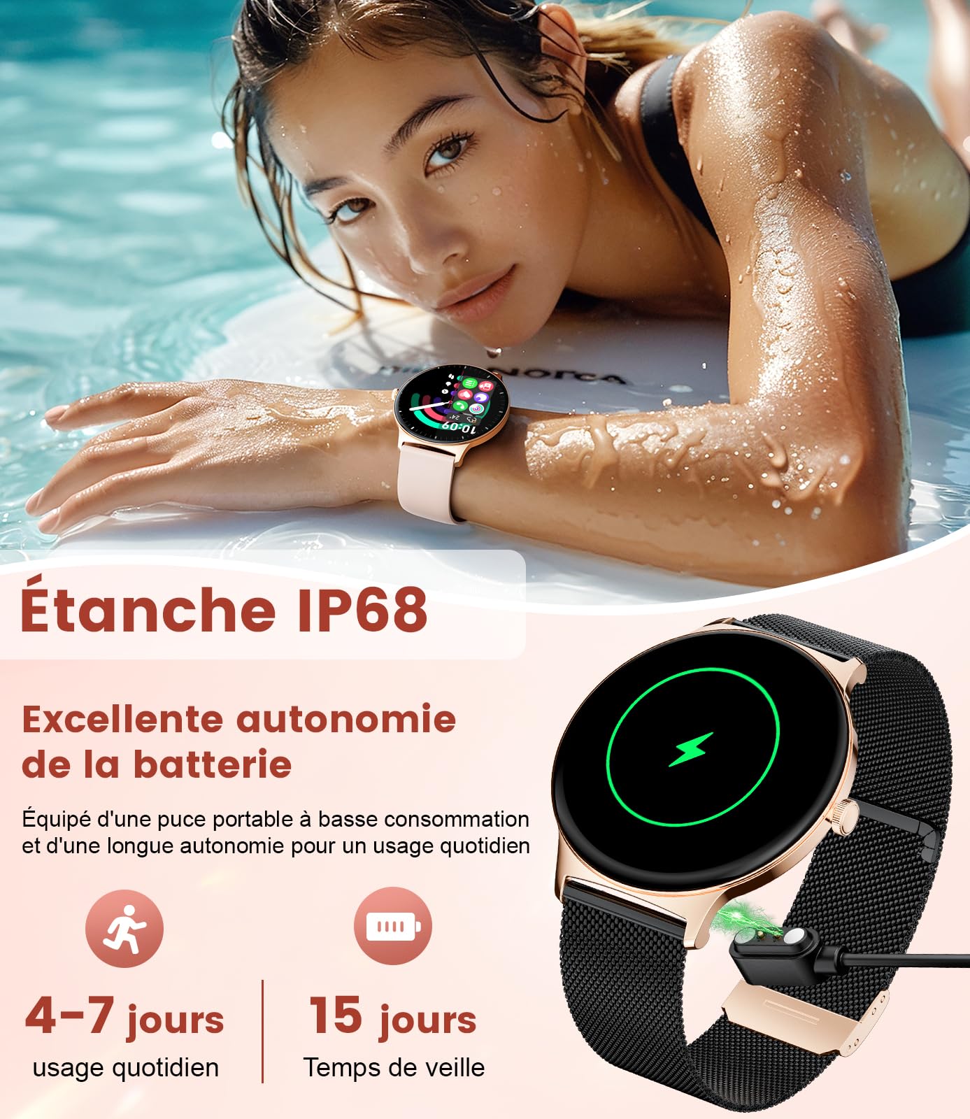 BENYAR SMART Montre Connectée Femme avec Appel Bluetooth, 1,43" AMOLED Écran/120+ Modes Sportifs, SpO2/Fréquence Cardiaque/Sommeil IP68 Étanche pour Android iOS