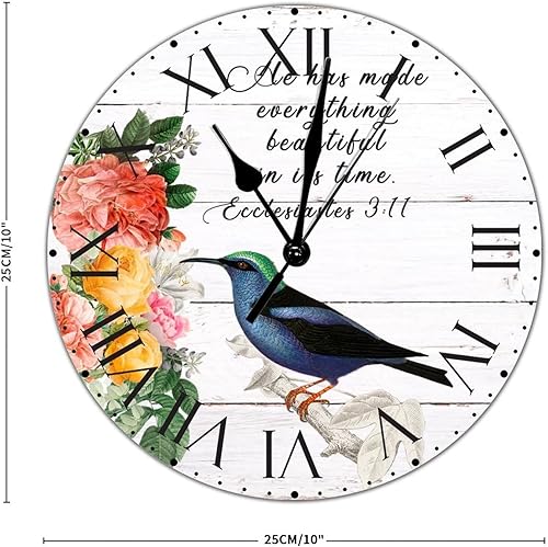 Miniatura 150 de ArogGeld He Made Everything Beautiful - Reloj de pared de PVC con flores rosadas, colibrí, reloj de pared grande con cita y números romanos, reloj