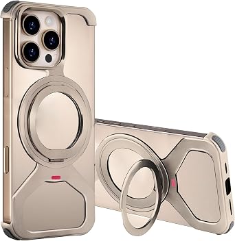 Frameless Case for iPhone 16 Pro Max,[360 Rotatable Ring Kickstand] Minimalist Aluminum Metal Bumper Magnetic Phone Case Slim Shockproof Cover Compatible with MagSafe for Men Women,Desert Gold