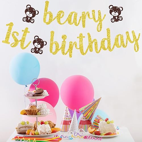 Miniatura 2 de Cartel de primer cumpleaños de oso con temática de oso para bebés, niños y niñas, cartel de primer cumpleaños con purpurina, suministros de