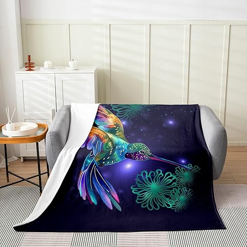 Miniatura 2 de Erosebridal Manta de vellón de colibrí, pájaros iluminados con patrón floral, manta mullida con estampado de flores botánicas verdes, manta